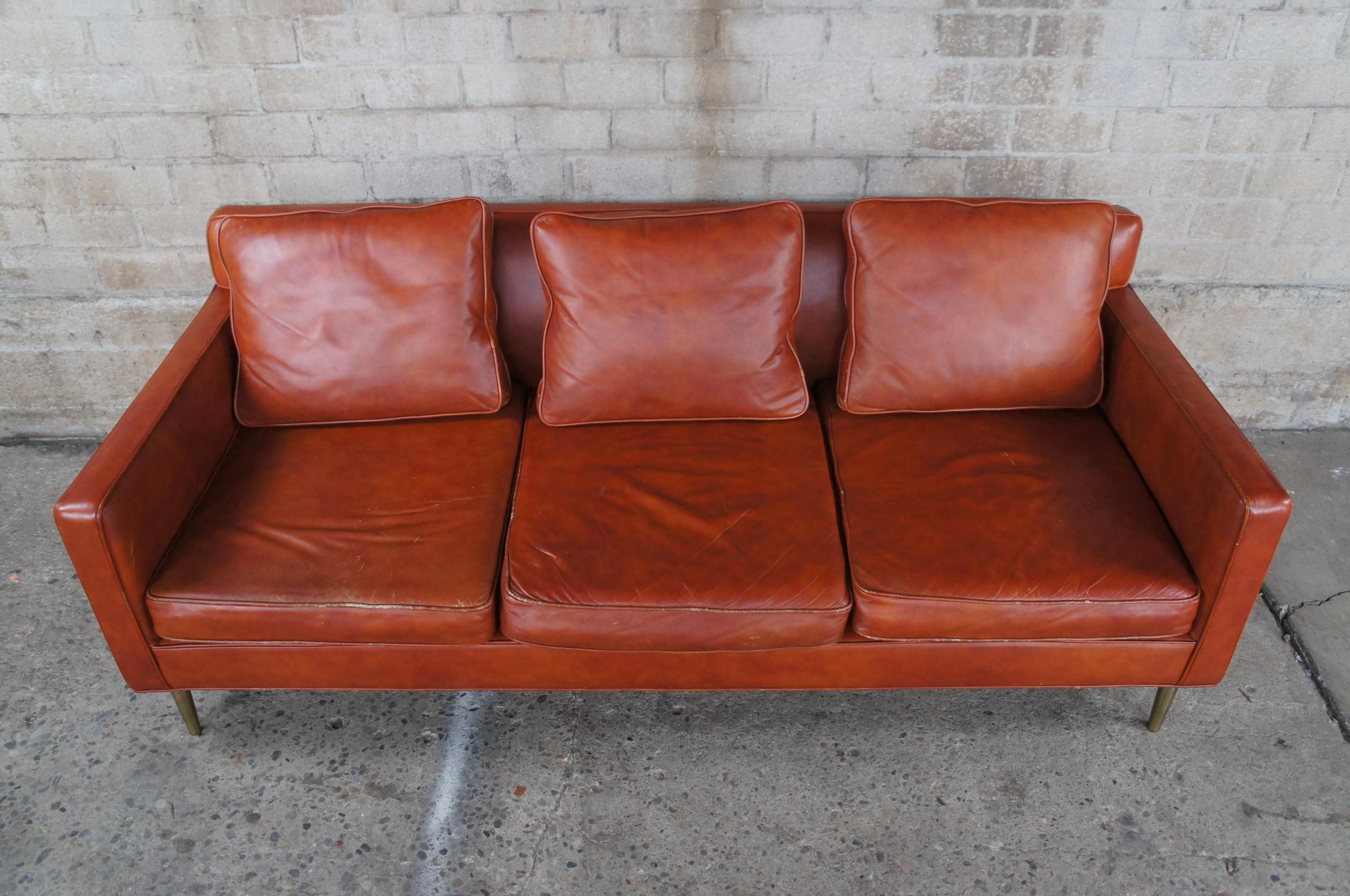 20th Century Edward Wormley for Dunbar Mid-Century Modern Leather 3 Seater Cognac Sofa MCM