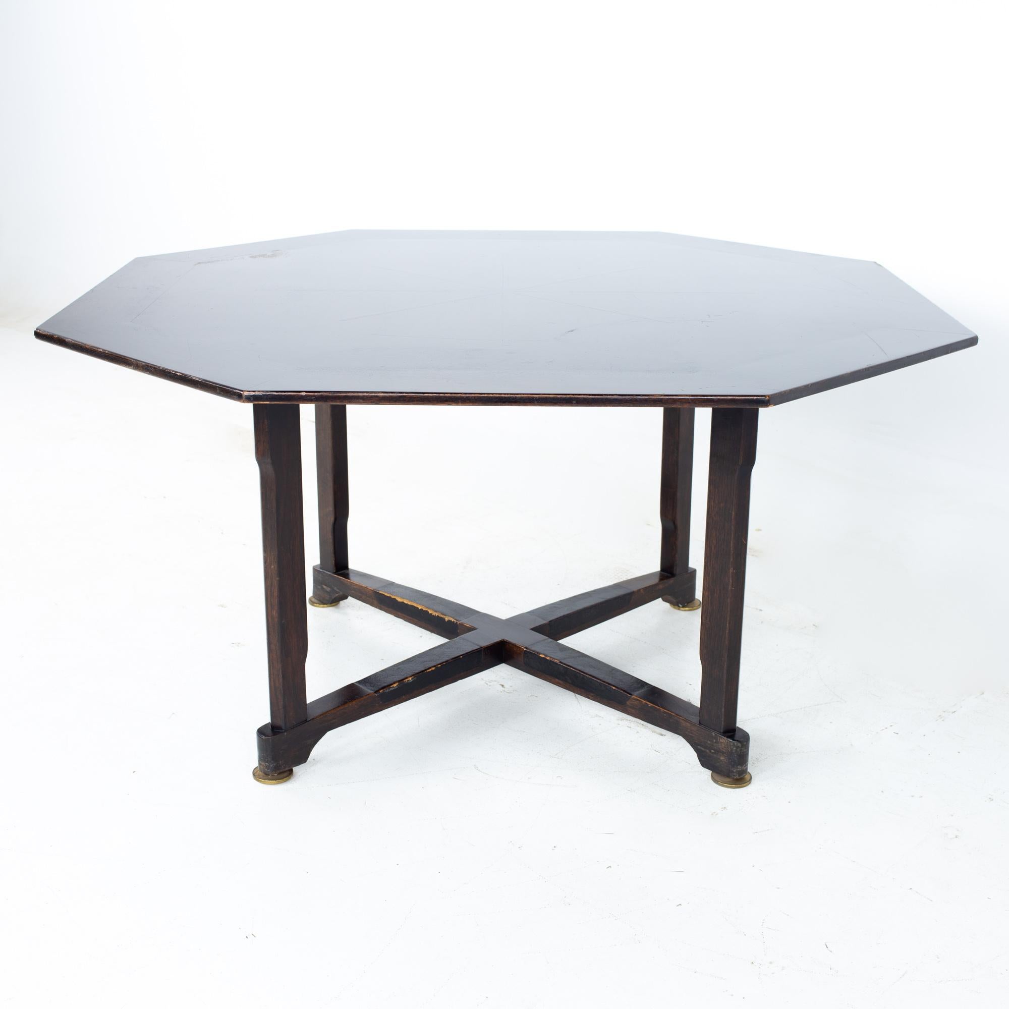 Edward Wormley for Dunbar mid century sunburst octagonal game dining table.
Table measures: 53.5 wide x 53.5 deep x 27.5 inches high, with a chair clearance of 27.5 inches 

All pieces of furniture can be had in what we call restored vintage