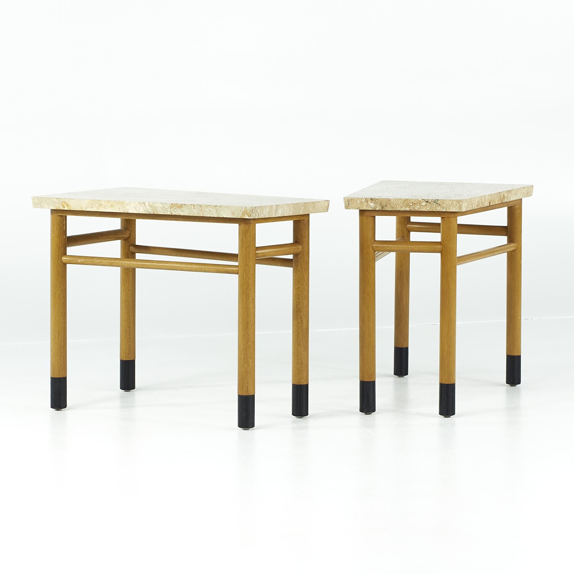 Edward Wormley for Dunbar midcentury travertine wedge tables - pair.

Each table measures: 17.25 wide x 27.25 deep x 21.25 inches high.

All pieces of furniture can be had in what we call restored vintage condition. That means the piece is
