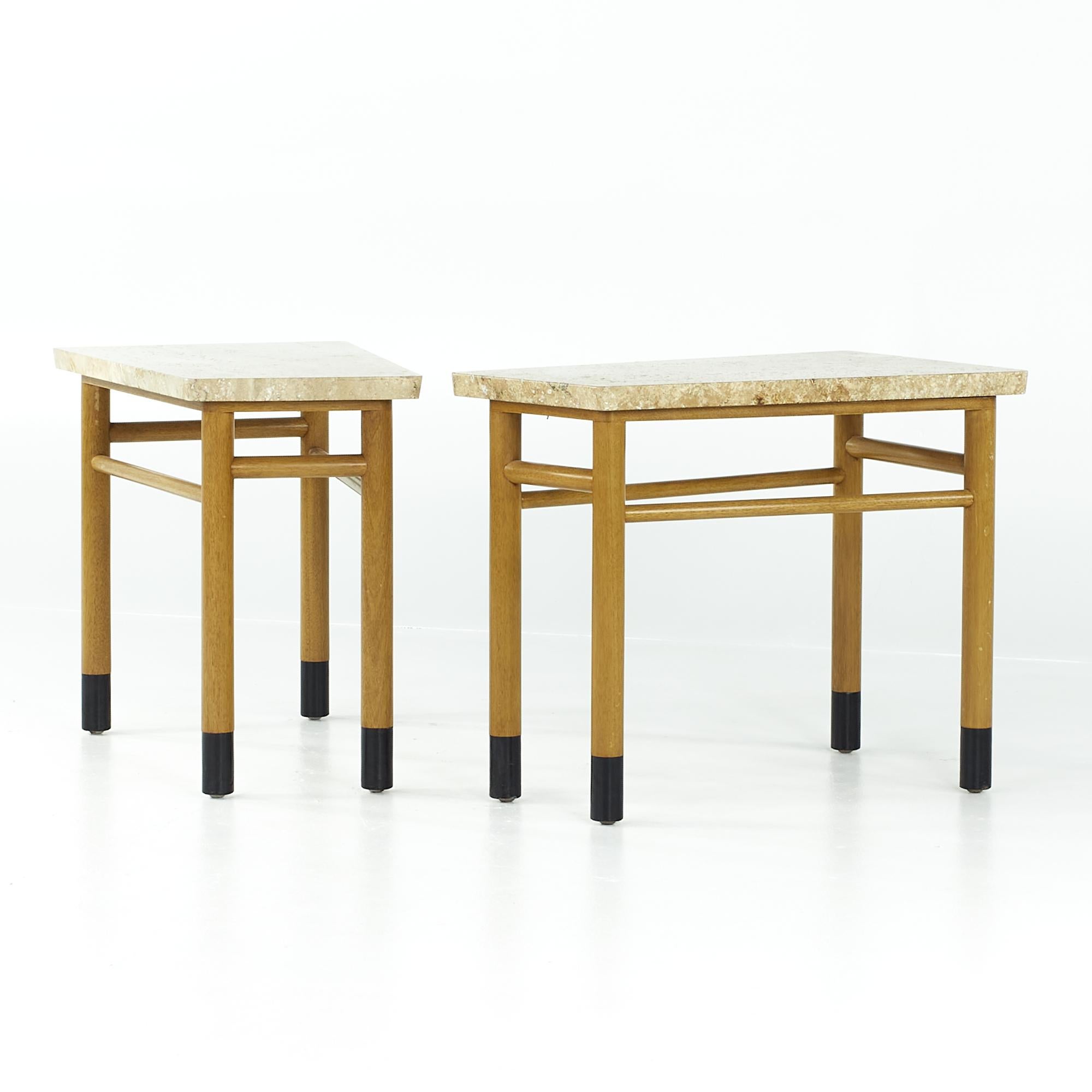 Mid-Century Modern Edward Wormley for Dunbar Midcentury Travertine Wedge Tables, Pair For Sale
