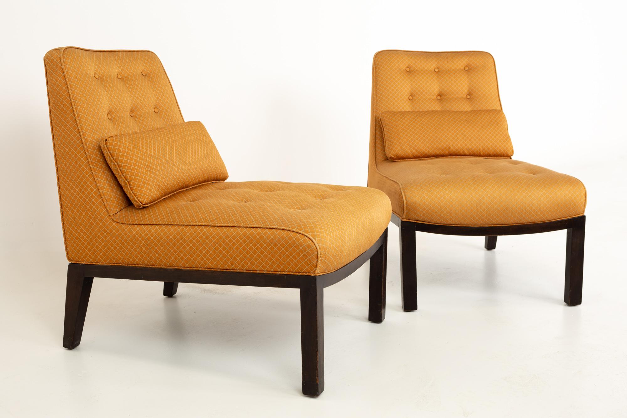 Edward Wormley for Dunbar Mid Century slipper lounge chairs, Pair
Each chair measures 23 wide x 32 deep x 32 high with a seat height of 15 inches

Each piece of furniture is available in what we call restored vintage condition. Upon purchase it is