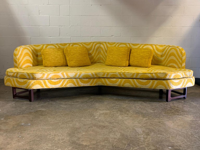 The larger of the two sizes, this model 6329A angled sofa retains its original fabric in wonderful condition. Designed by Edward Wormley for Dunbar. 
Mahogany stretcher base.