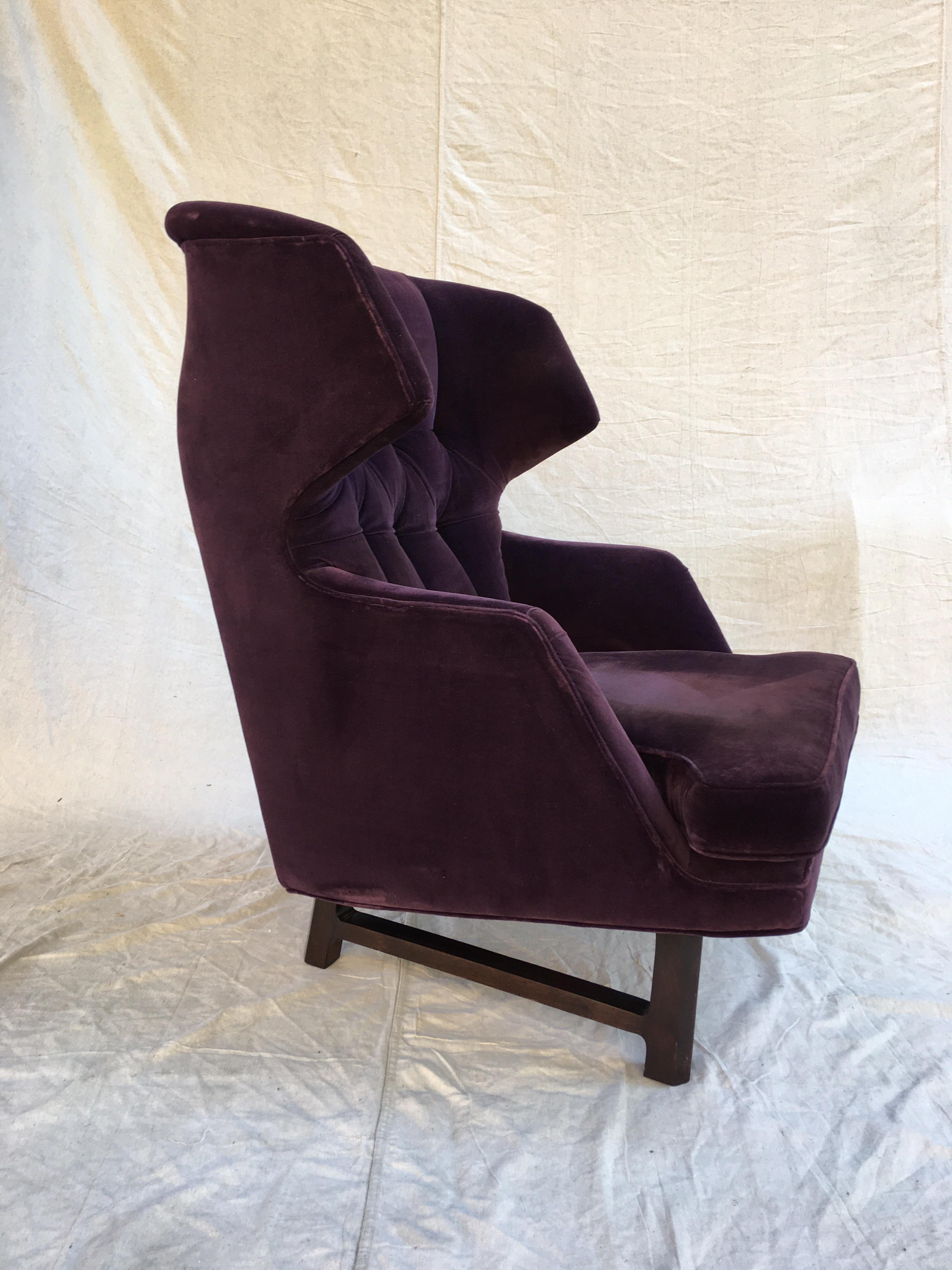 Edward Wormley for Dunbar Classic Janus Wing back lounge chair!  In it's original purple velvet. Seat cushion at some point had its down filled cushion replaced with foam. Overall in excellent condition. One of his most iconic designs!