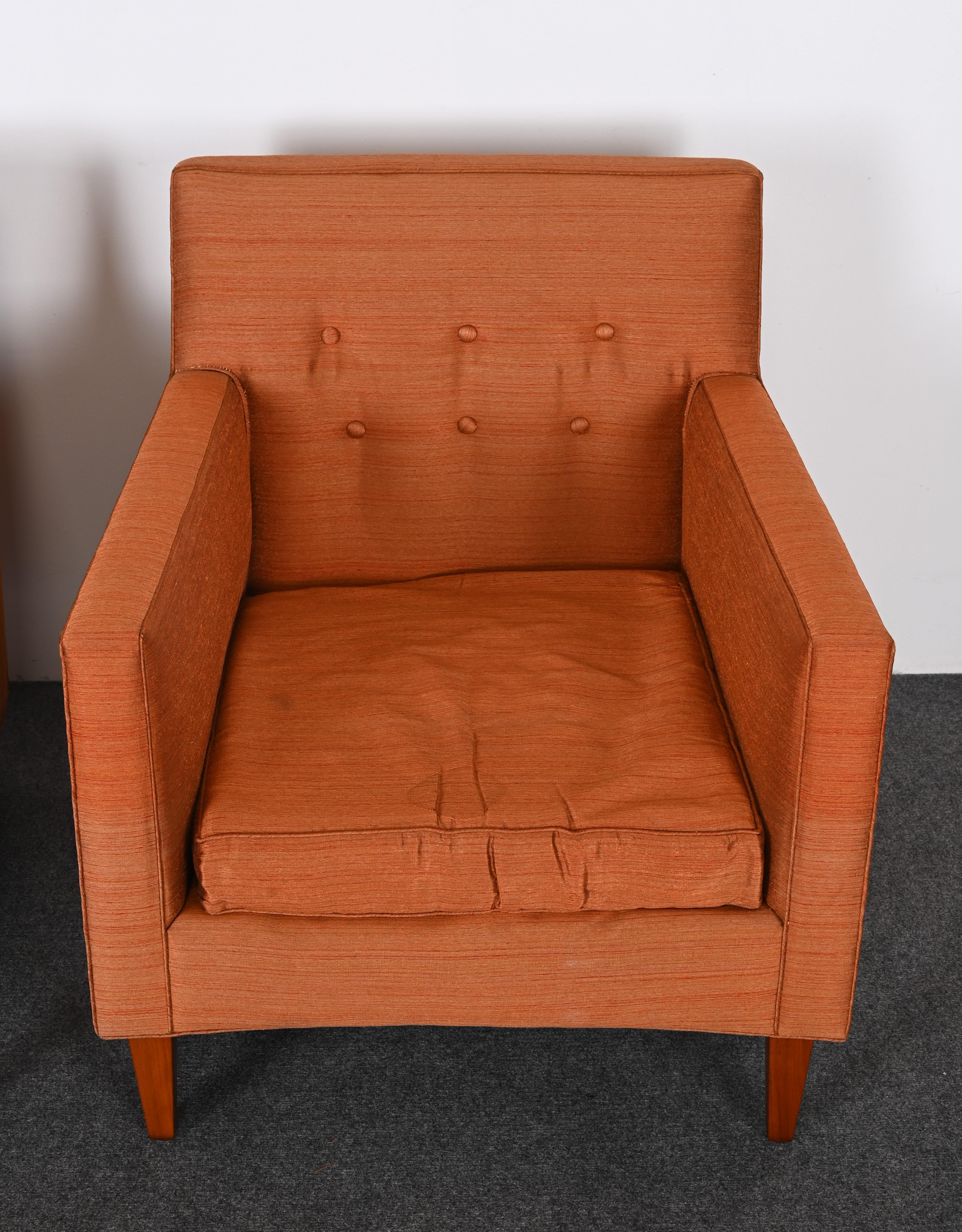 Tissu d'ameublement Edward Wormley pour Dunbar Paire de chaises à accoudoirs ou de chaises longues, années 1950 en vente