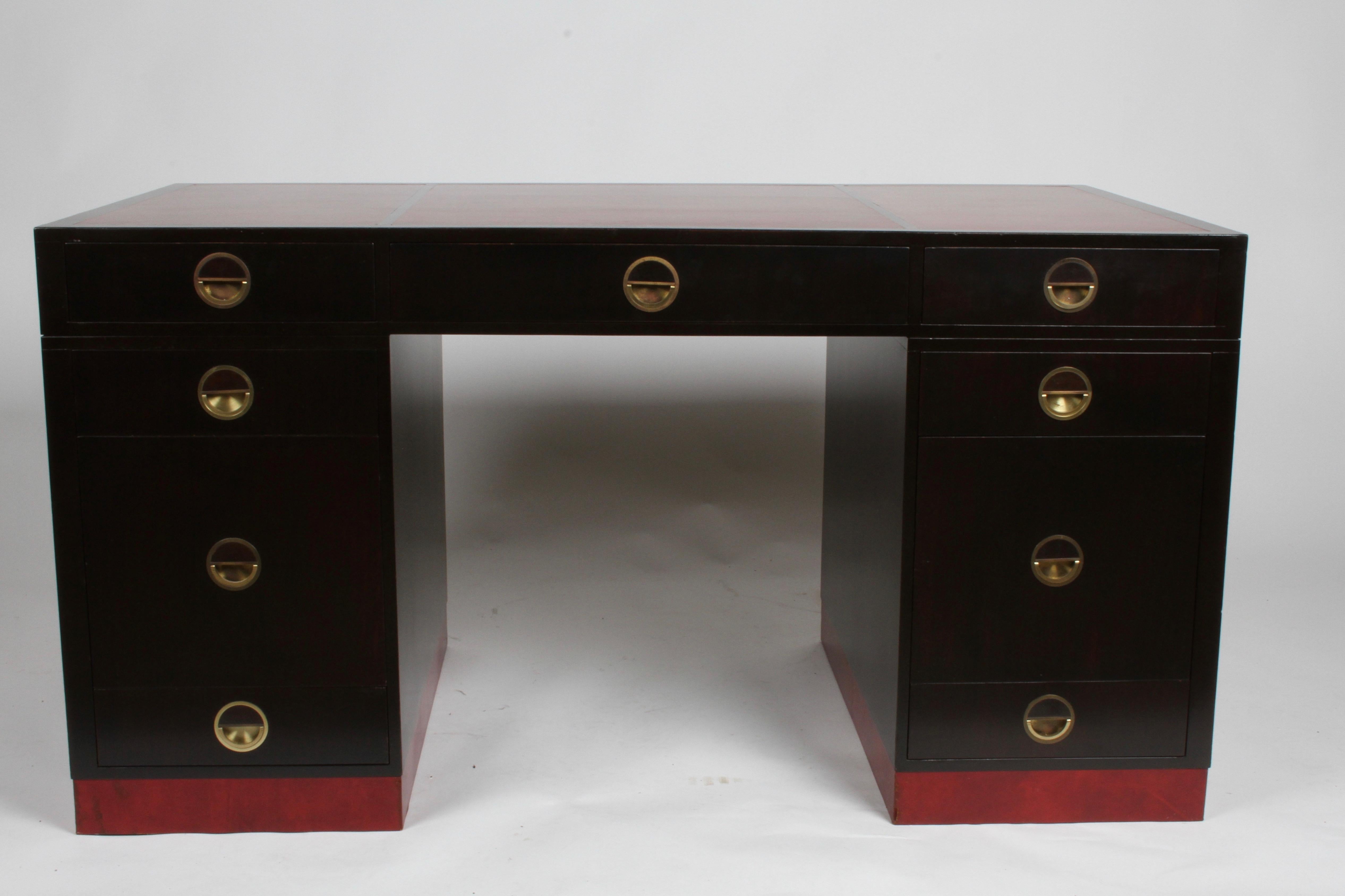 Edward Wormley for Dunbar Partners Desk with Bookshelf in Ebony with Red Leather 10