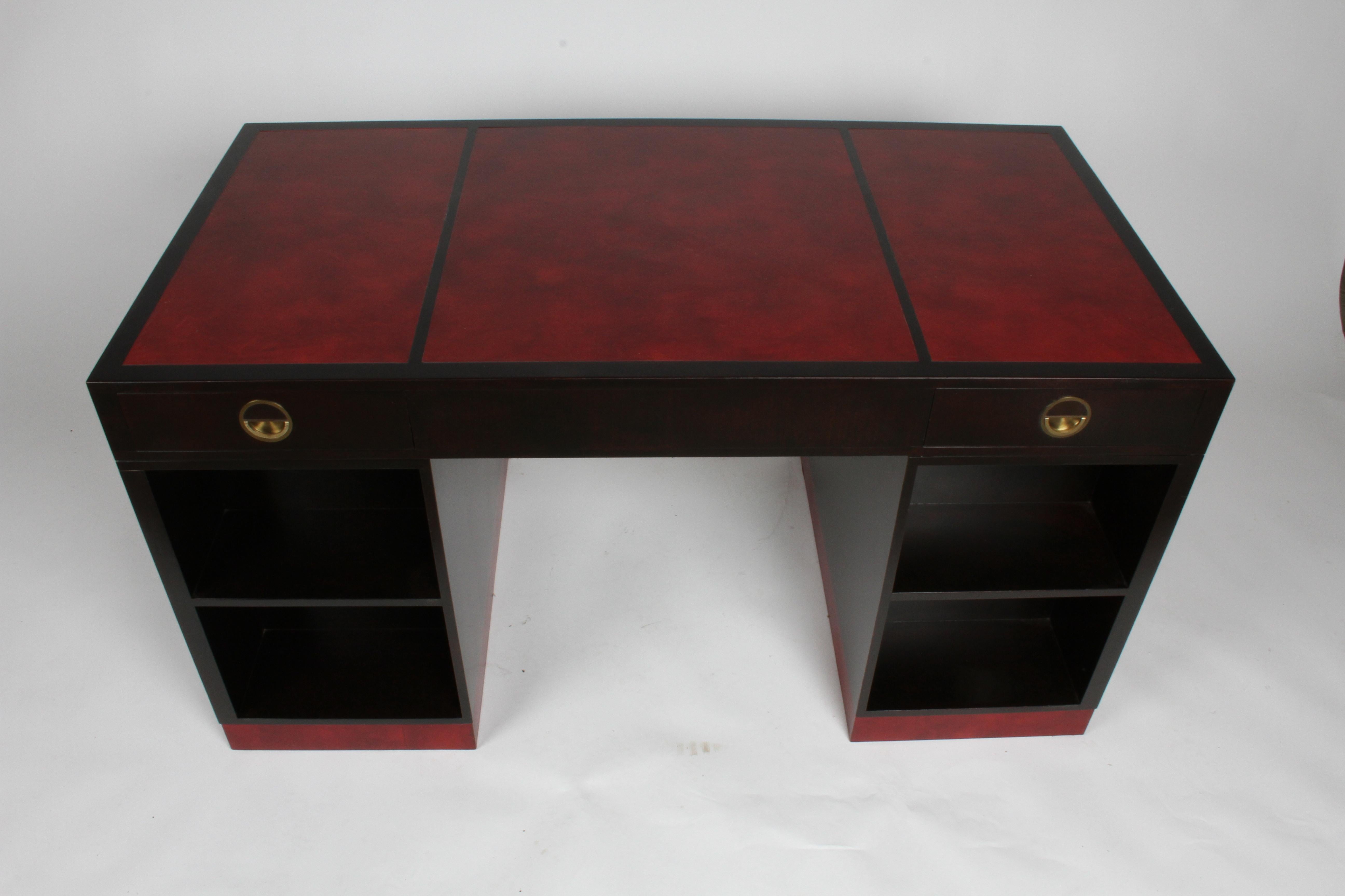 Uncommon Edward Wormley for Dunbar, partners or library desk from an Arthur Elrod designed interior. Rear of desk flanked with bookcases on both sides of pedestals and two drawers with pullout writing surfaces. Main side contains center drawer, with