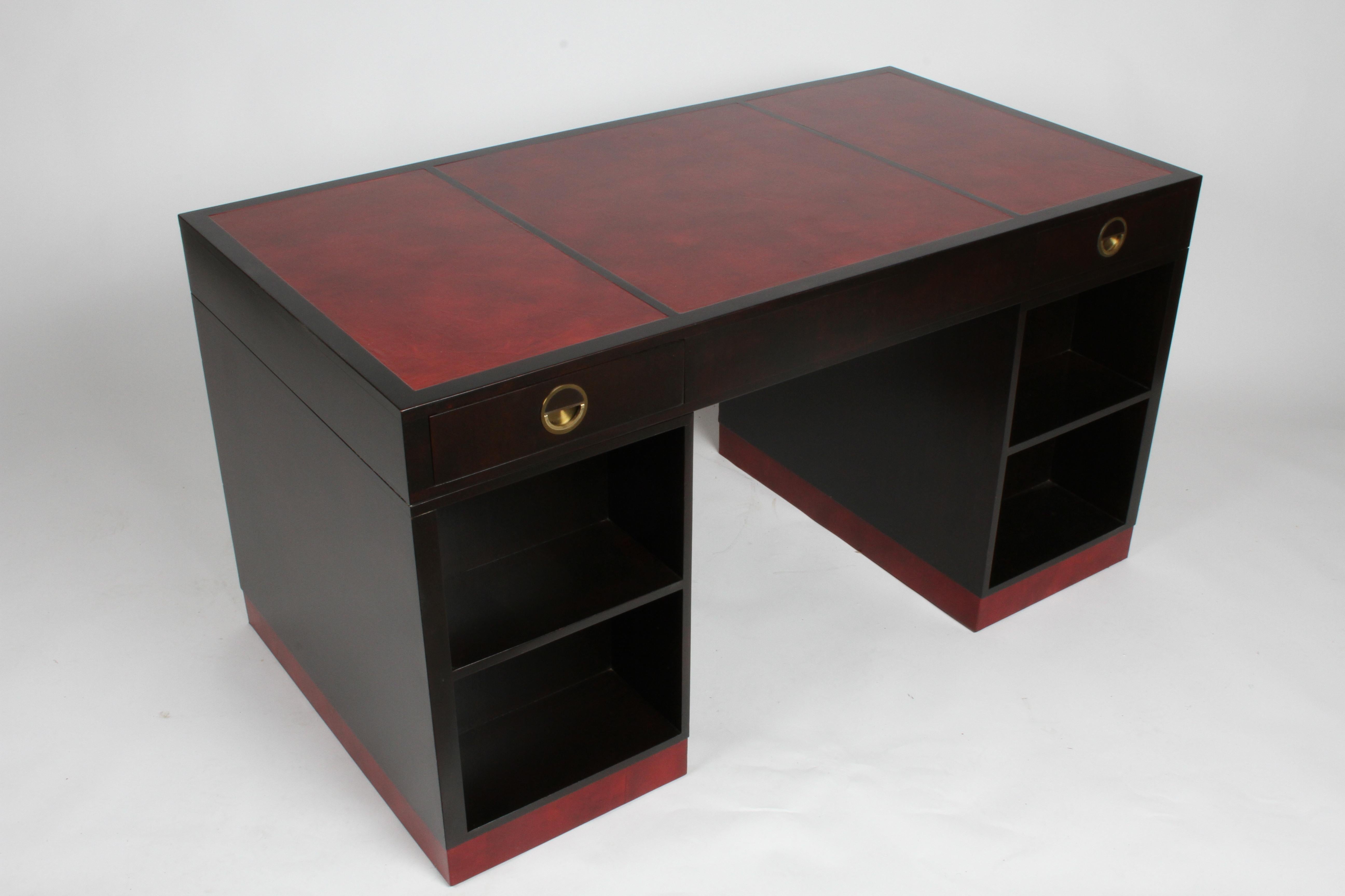 Mid-Century Modern Edward Wormley for Dunbar Partners Desk with Bookshelf in Ebony with Red Leather