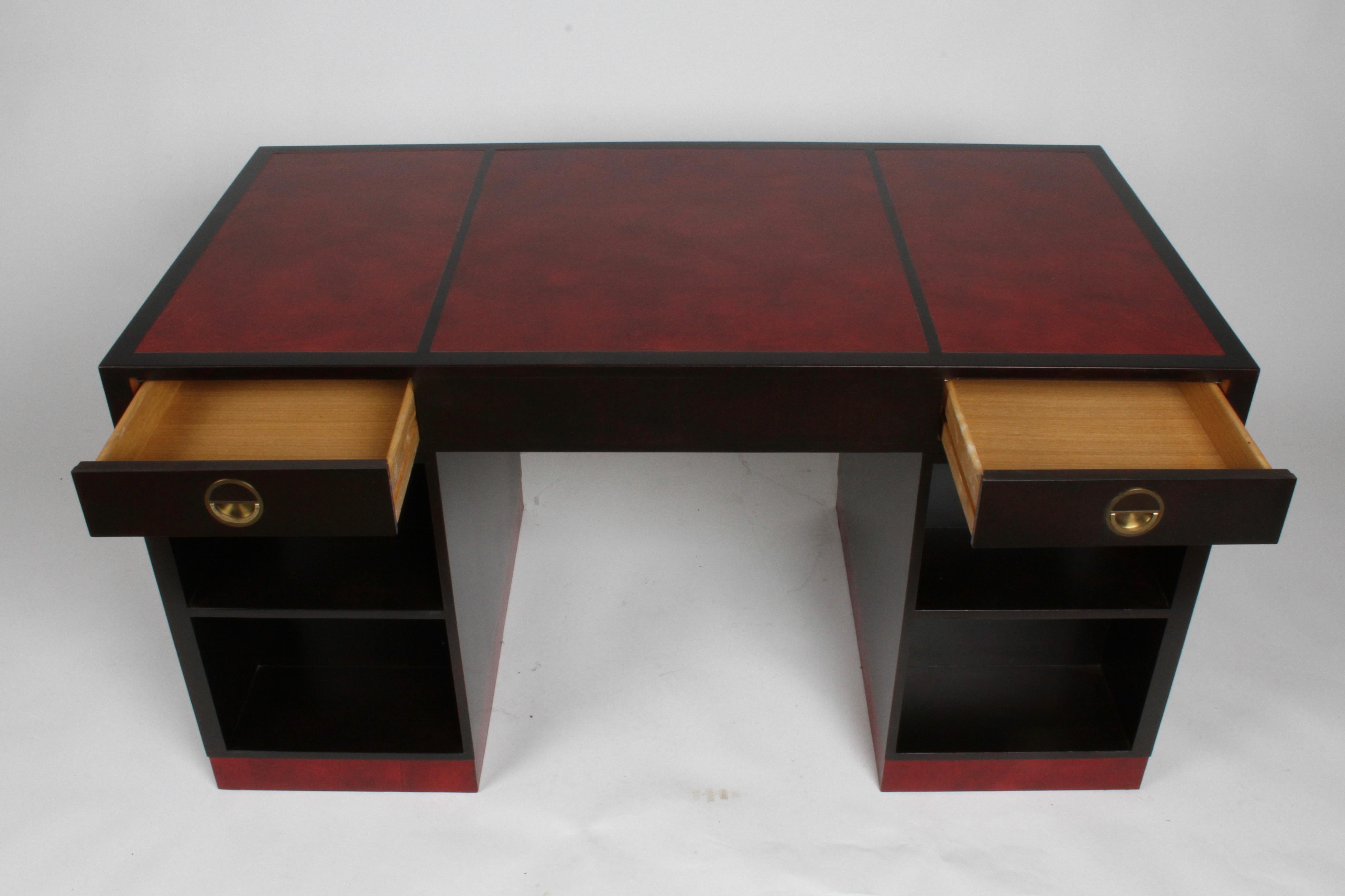 American Edward Wormley for Dunbar Partners Desk with Bookshelf in Ebony with Red Leather