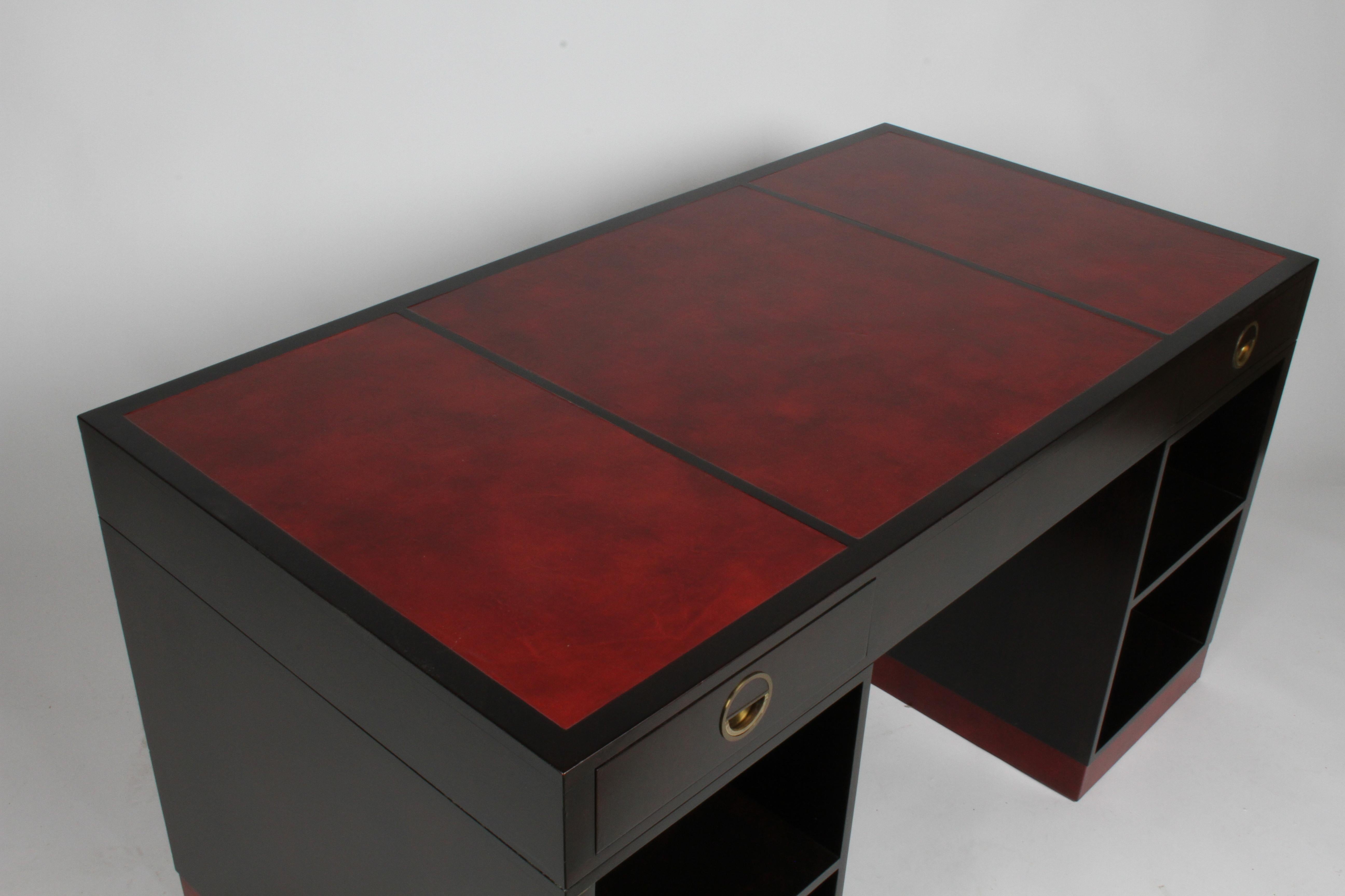 Brass Edward Wormley for Dunbar Partners Desk with Bookshelf in Ebony with Red Leather