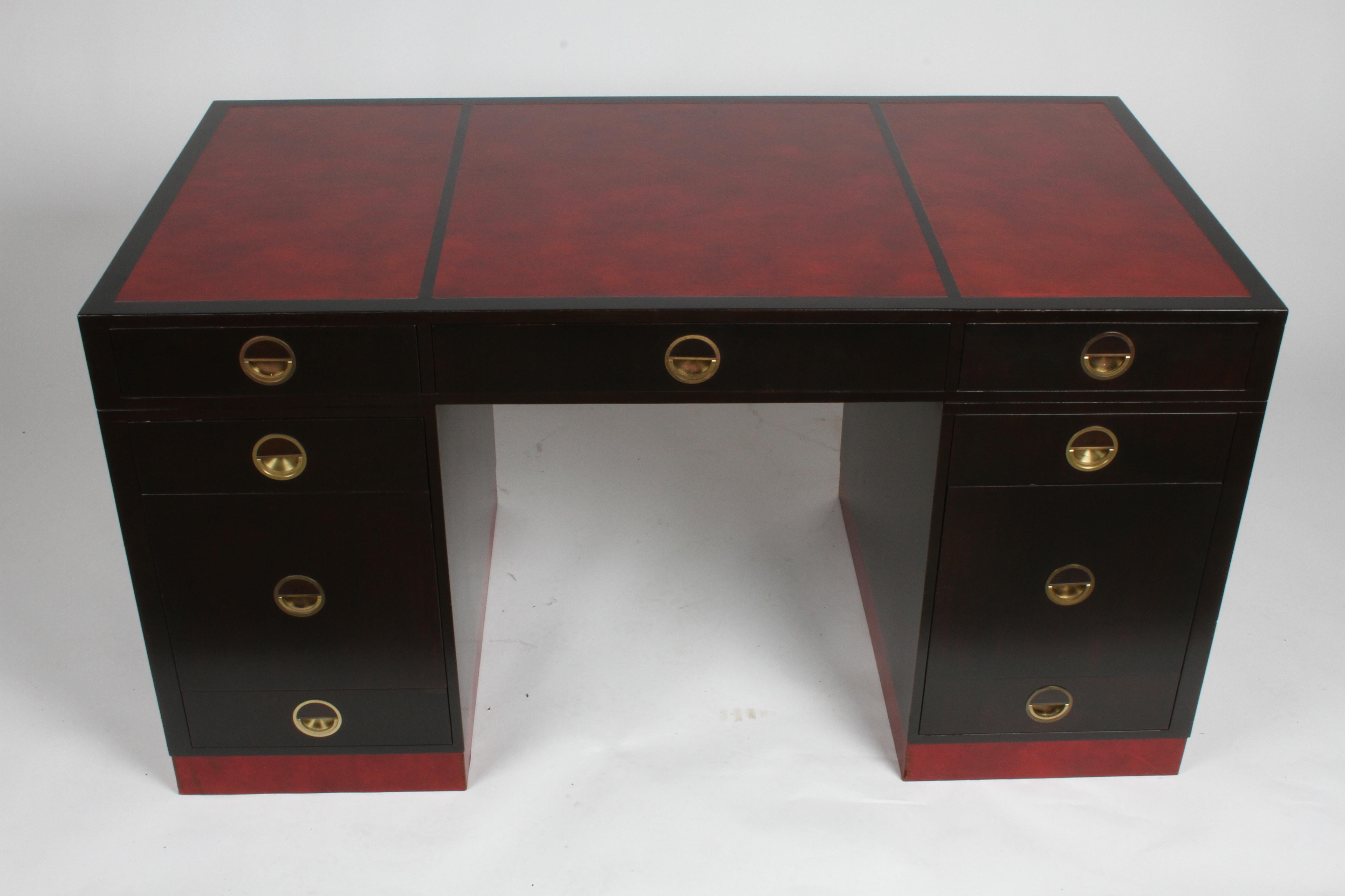 Edward Wormley for Dunbar Partners Desk with Bookshelf in Ebony with Red Leather 1