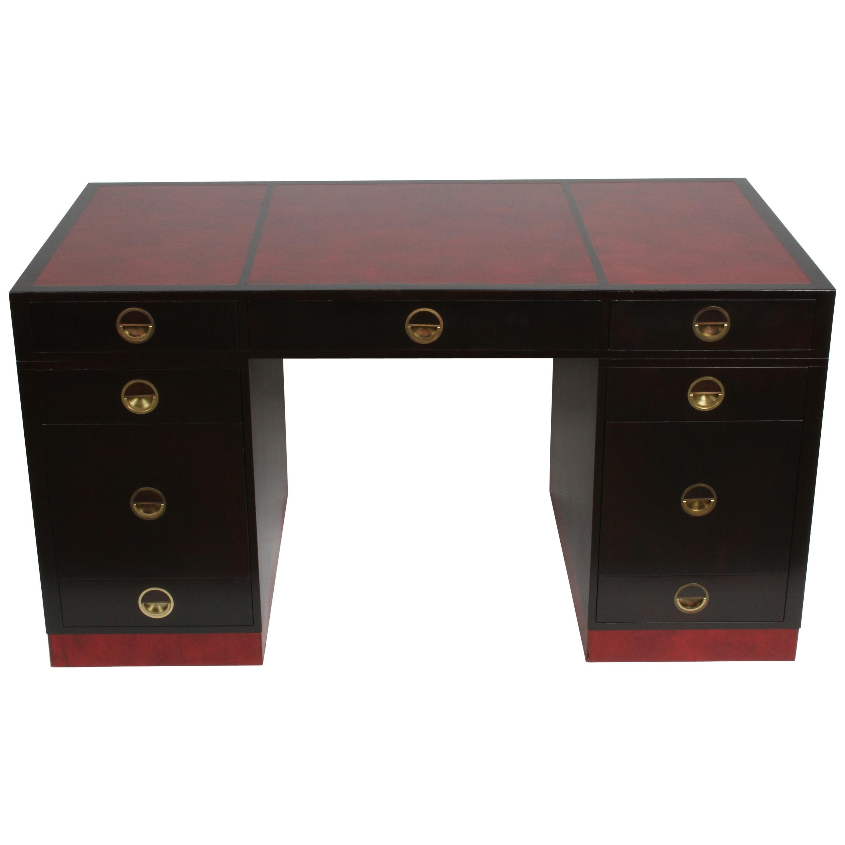 Edward Wormley for Dunbar Partners Desk with Bookshelf in Ebony with Red Leather