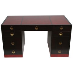 Edward Wormley for Dunbar Partners Desk with Bookshelf in Ebony with Red Leather