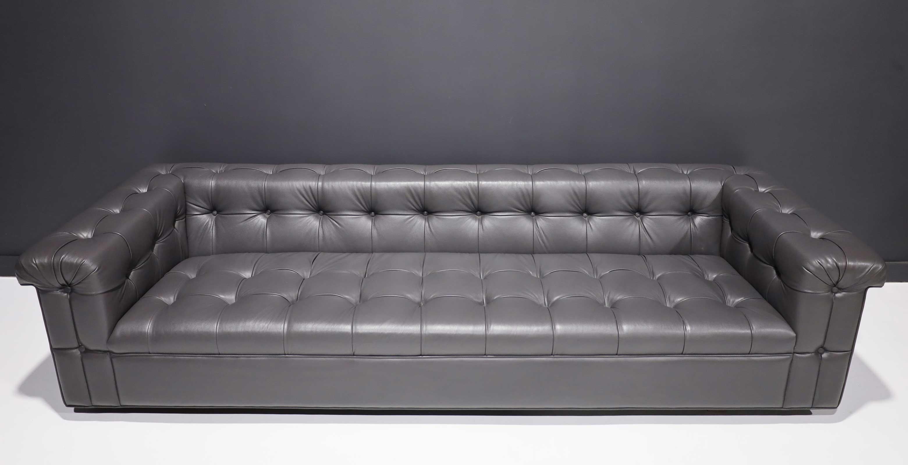Mid-Century Modern Edward Wormley for Dunbar Party Sofa Model 5407 in Dark Gray Leather For Sale