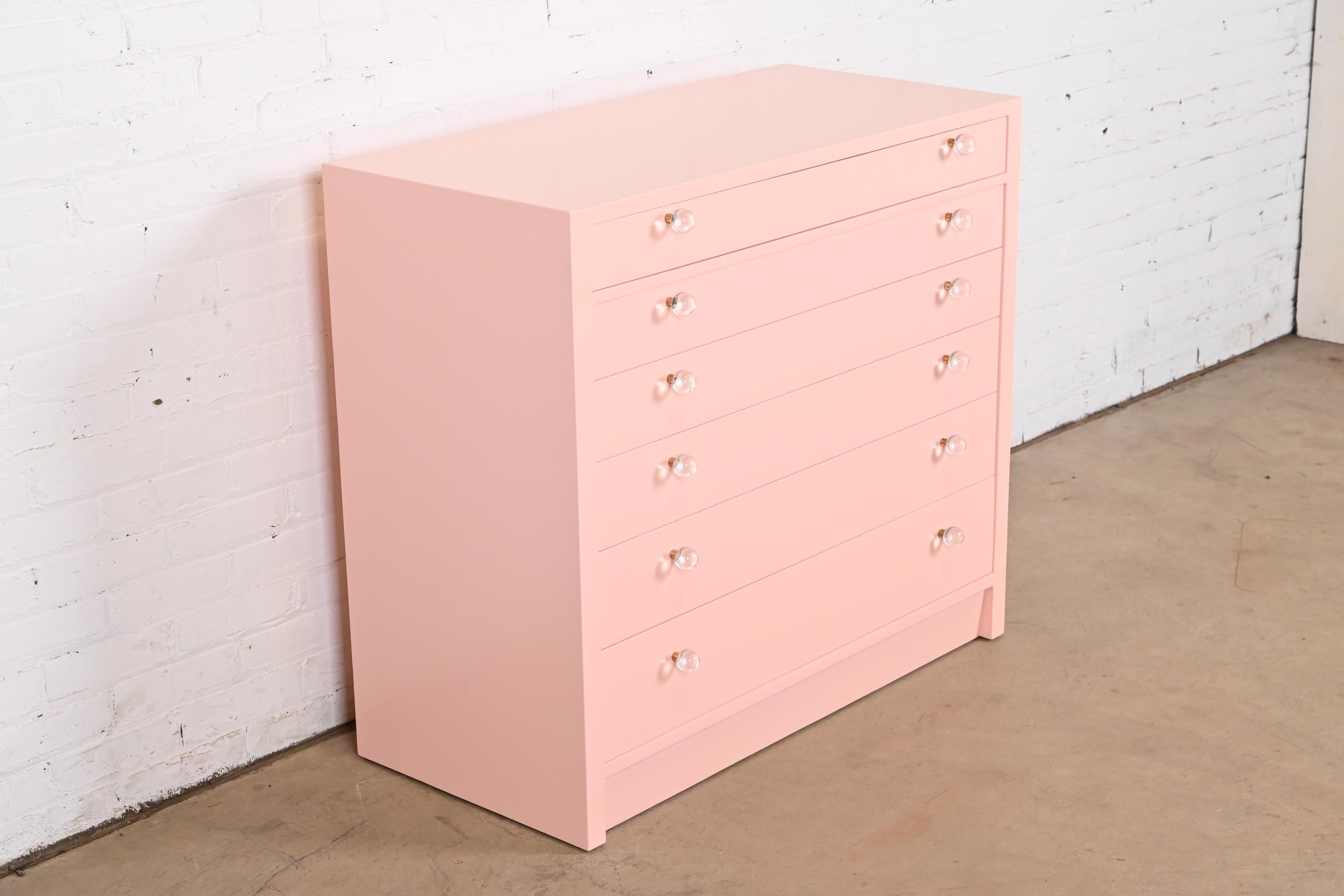 Mid-Century Modern Edward Wormley for Dunbar Pink Lacquered Chest of Drawers, Newly Refinished For Sale