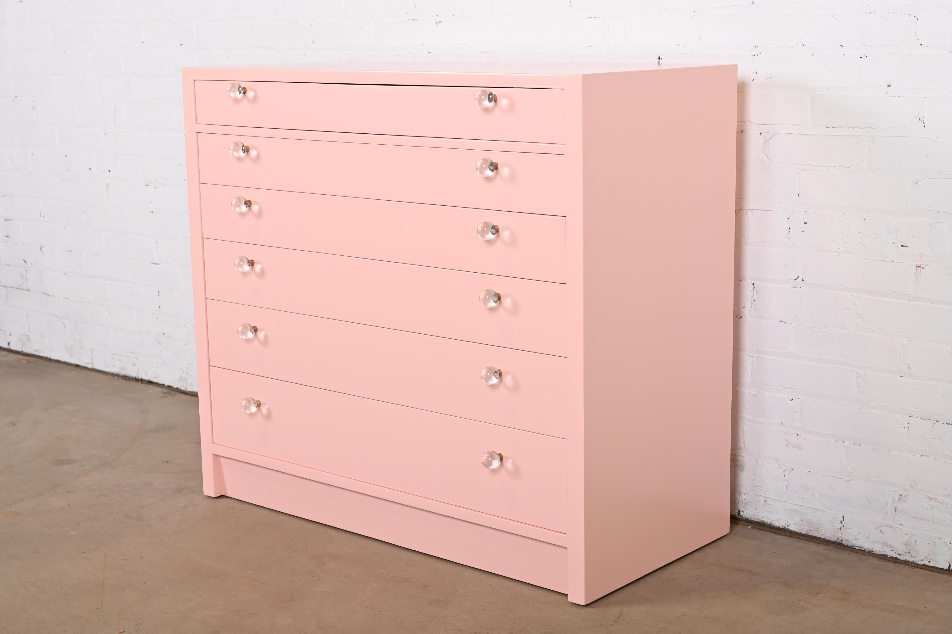American Edward Wormley for Dunbar Pink Lacquered Chest of Drawers, Newly Refinished For Sale