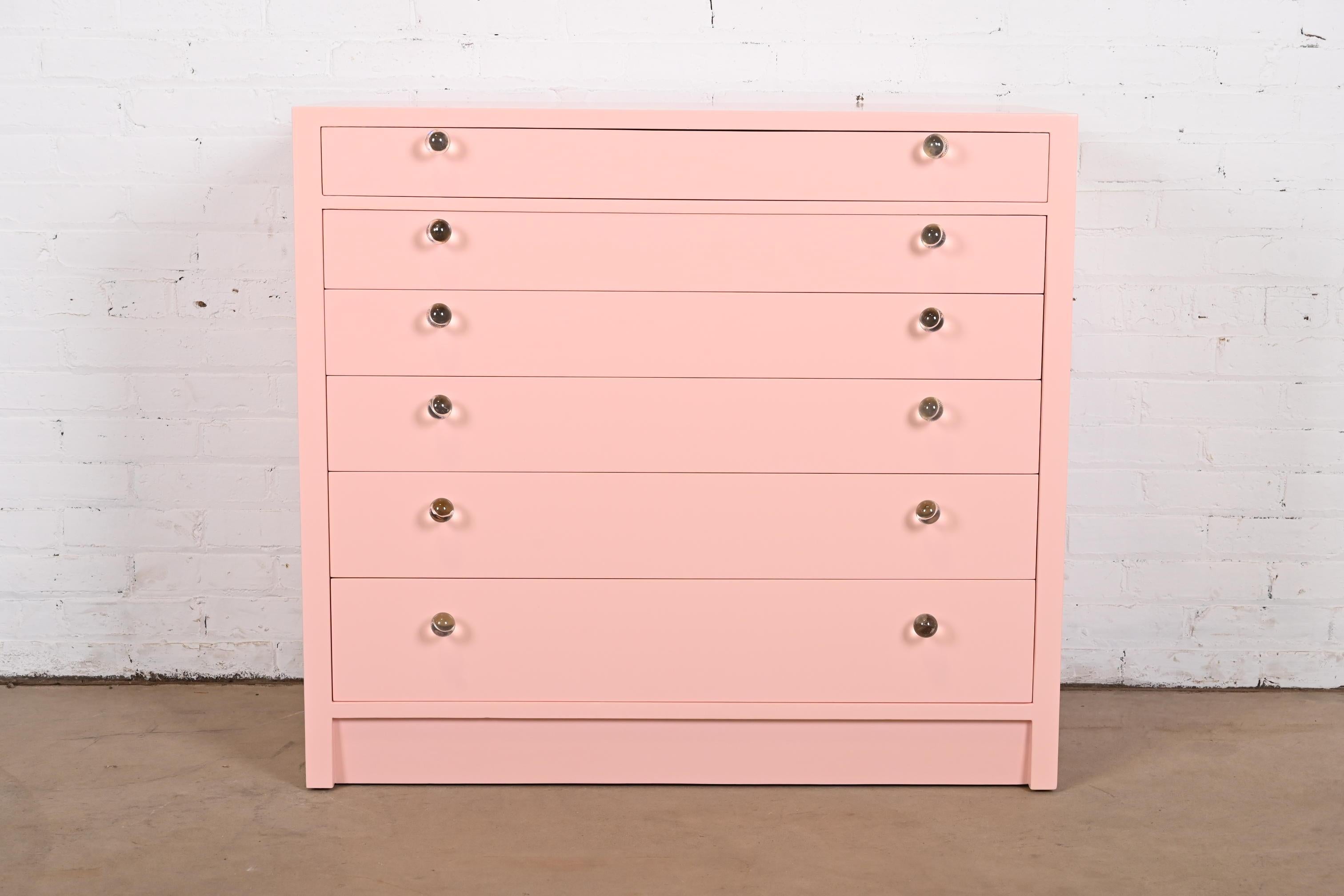 Edward Wormley for Dunbar Pink Lacquered Chest of Drawers, Newly Refinished In Good Condition For Sale In South Bend, IN