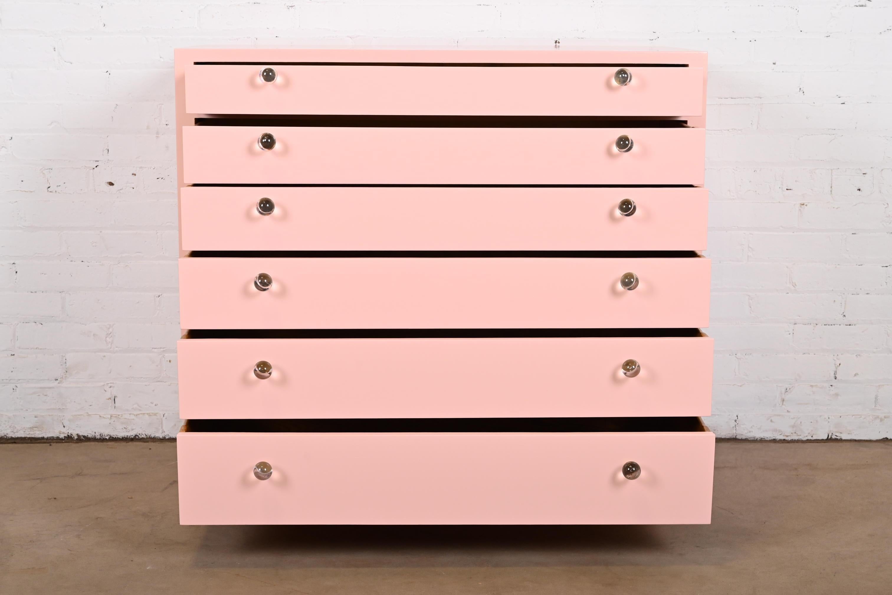 Brass Edward Wormley for Dunbar Pink Lacquered Chest of Drawers, Newly Refinished For Sale