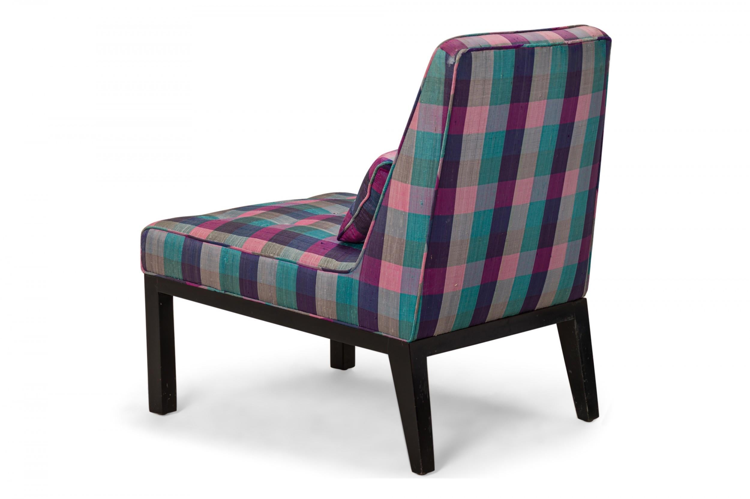 Mid-Century Modern Edward Wormley for Dunbar Pink Purple Plaid Upholstered Slipper / Side Chair For Sale