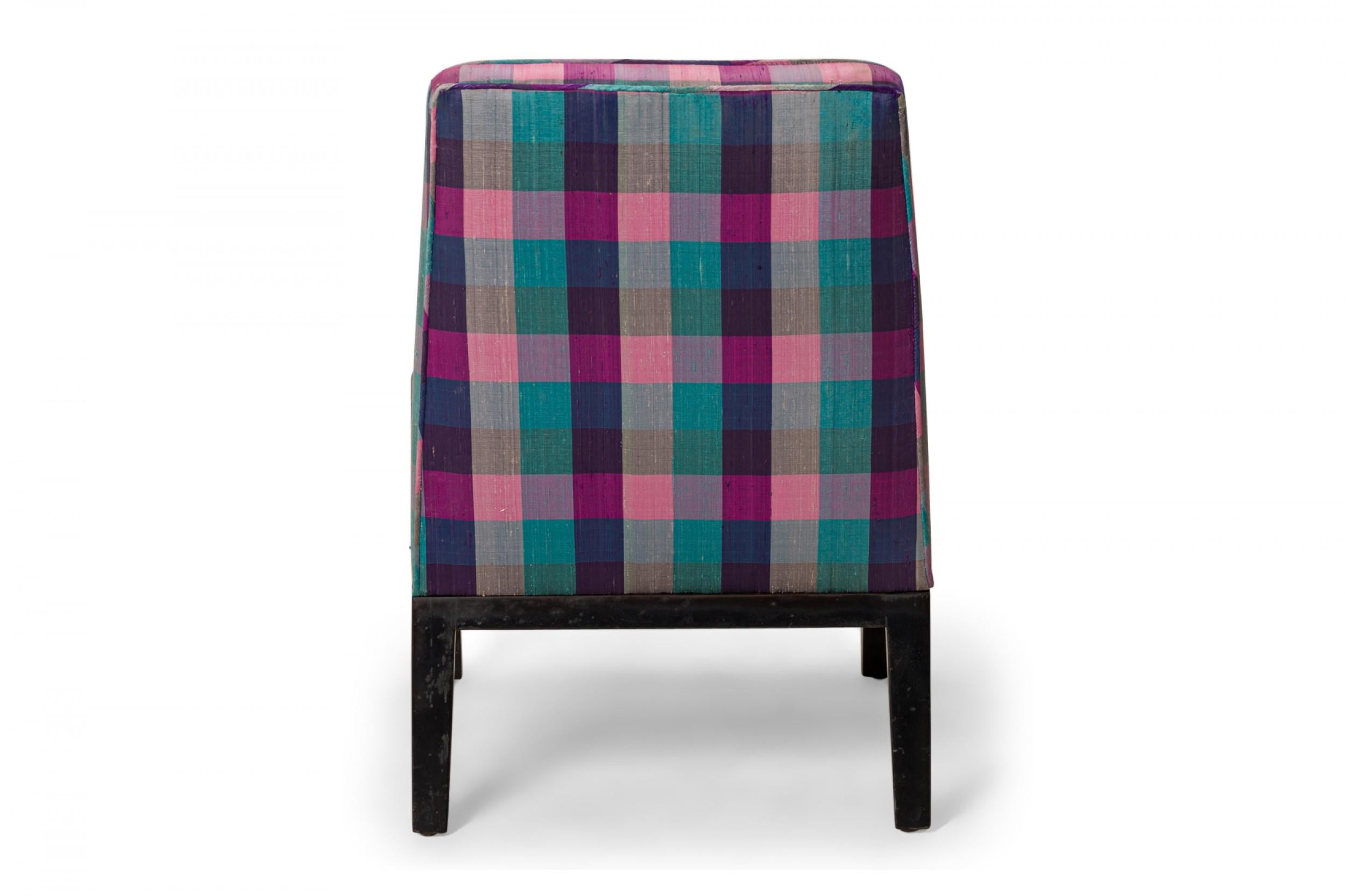 American Edward Wormley for Dunbar Pink Purple Plaid Upholstered Slipper / Side Chair For Sale