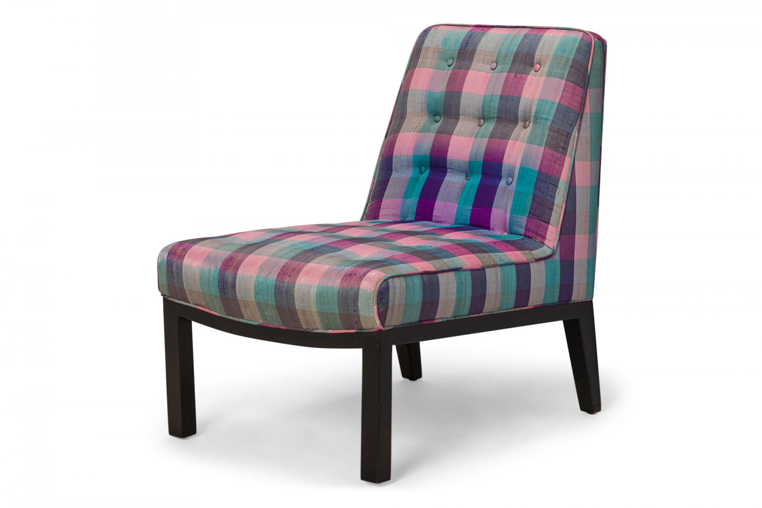 Edward Wormley for Dunbar Pink Purple Plaid Upholstered Slipper / Side Chair In Good Condition For Sale In New York, NY