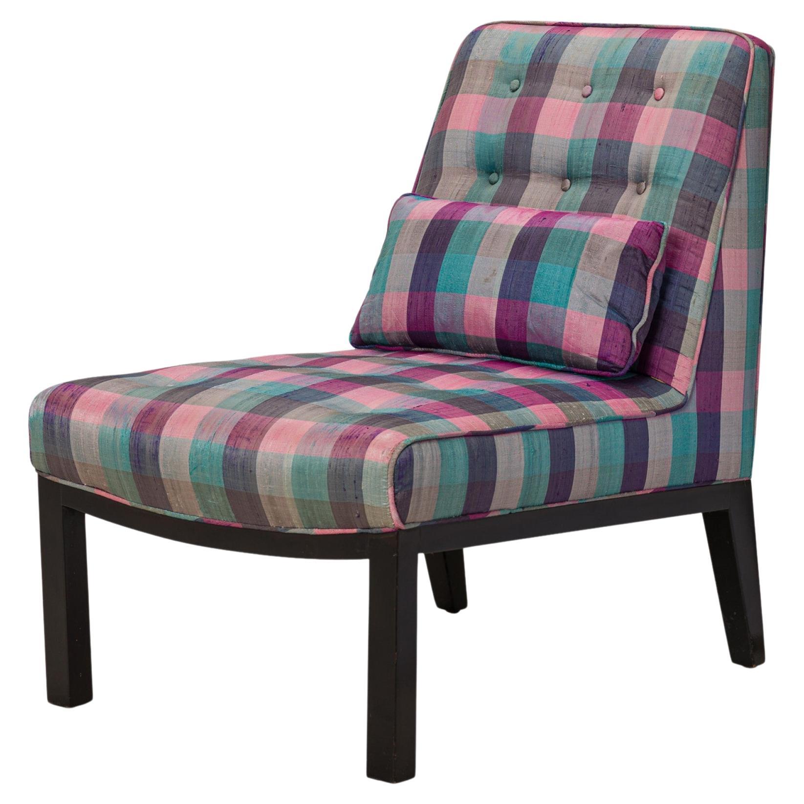 Edward Wormley for Dunbar Pink Purple Plaid Upholstered Slipper / Side Chair For Sale