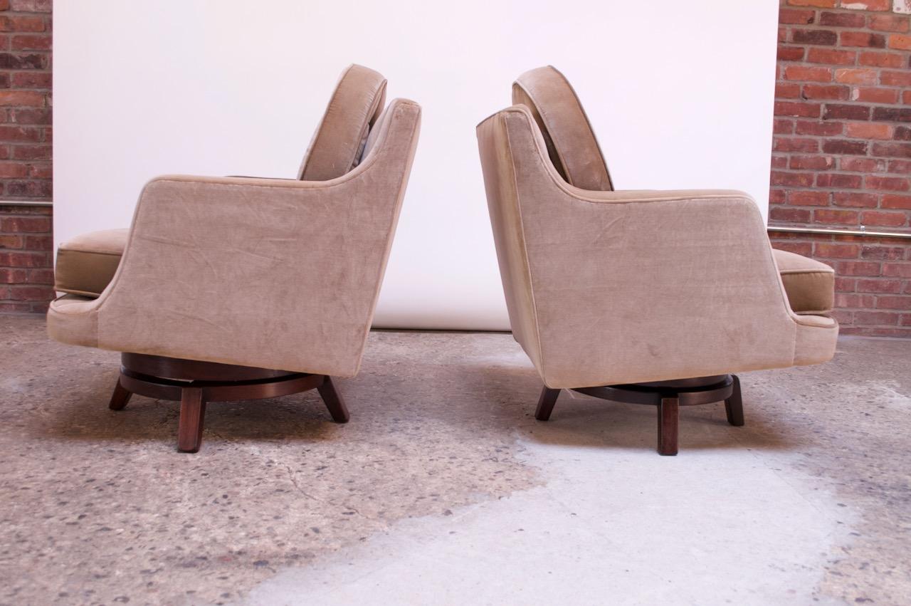 Upholstery Edward Wormley for Dunbar Revolving Lounge Chairs in Mahogany with Ottoman
