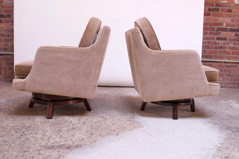 Upholstery Edward Wormley for Dunbar Revolving Lounge Chairs in Mahogany with Ottoman For Sale