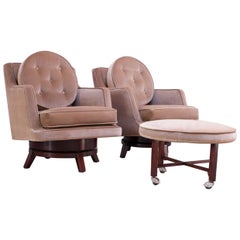 Edward Wormley for Dunbar Revolving Lounge Chairs in Mahogany with Ottoman