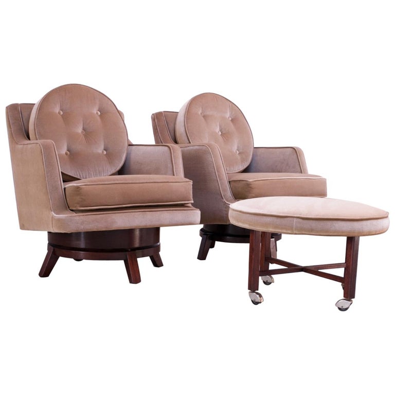Edward Wormley for Dunbar Revolving Lounge Chairs in Mahogany with Ottoman For Sale