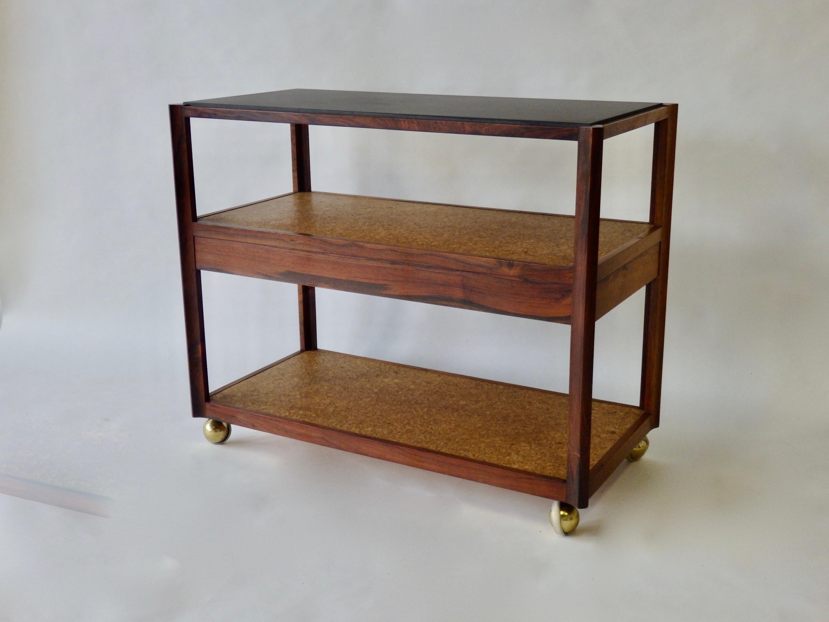 Edward Wormley for Dunbar Rosewood Frame with Slate Top Cork Shelves Drinks Cart In Good Condition In Ferndale, MI