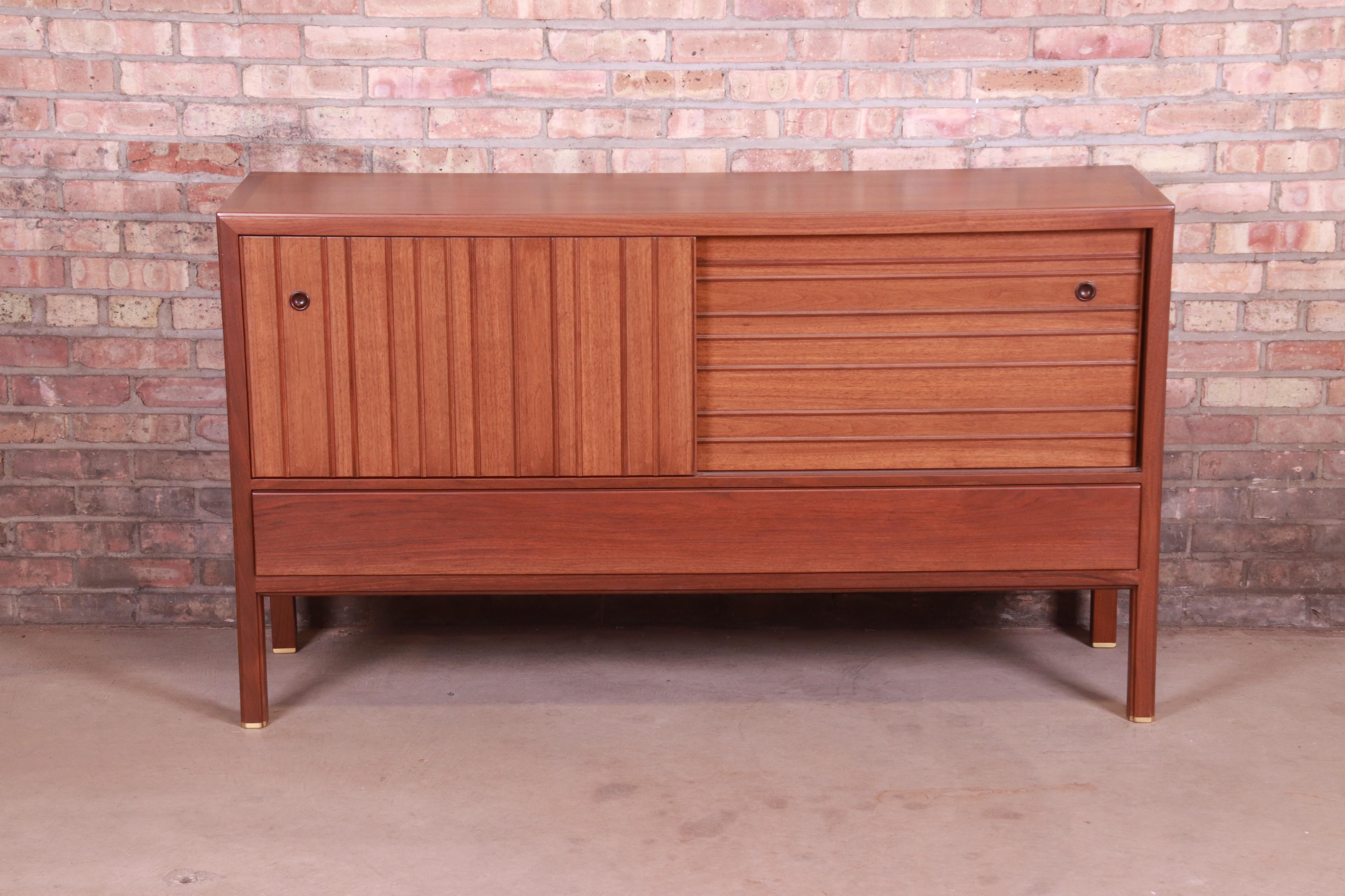 Edward Wormley for Dunbar Sculpted Walnut Credenza, Newly Refinished In Good Condition In South Bend, IN