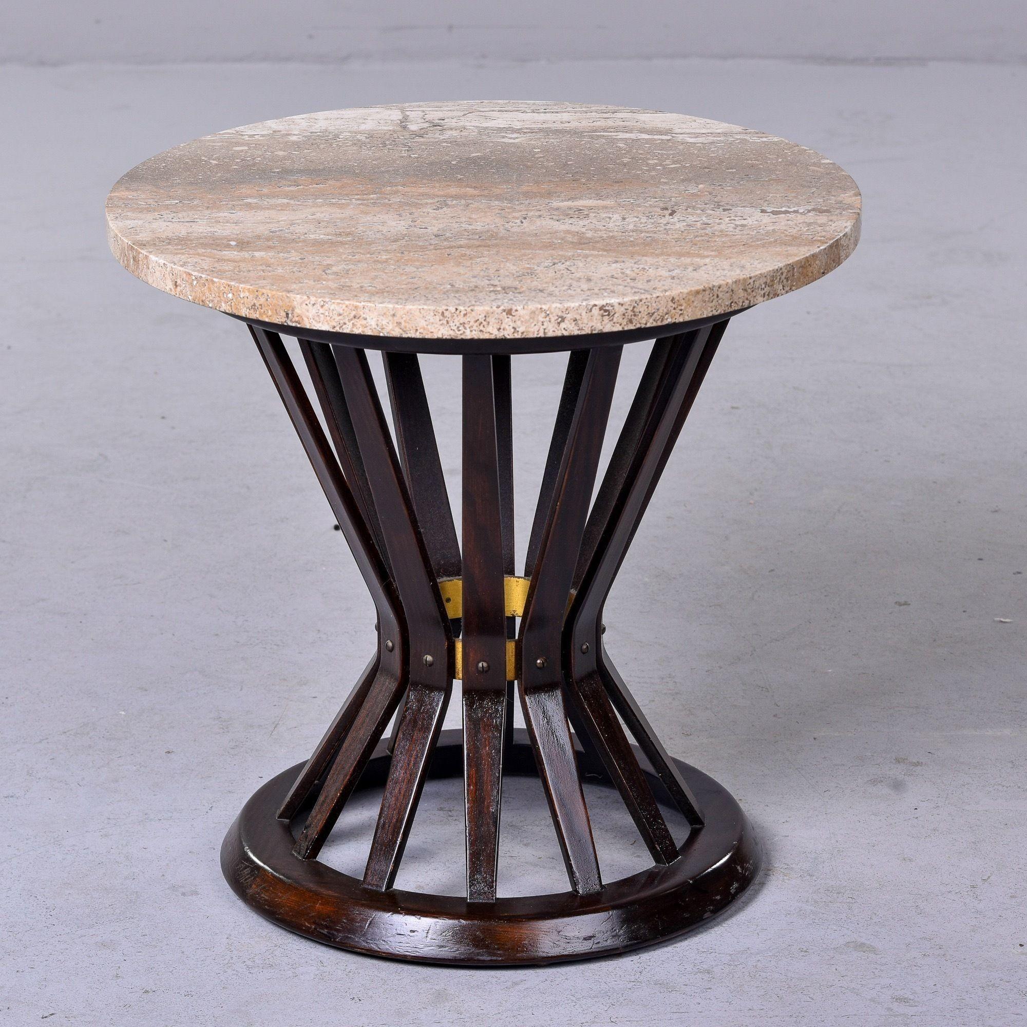 Circa 1950s sheaf of wheat side table designed by Edward Wormley for Dunbar. Base is mahogany with brass hardware and top is travertine. Has brass Dunbar tag affixed to underside and underside of travertine top is marked Casavan Carrarara Marble