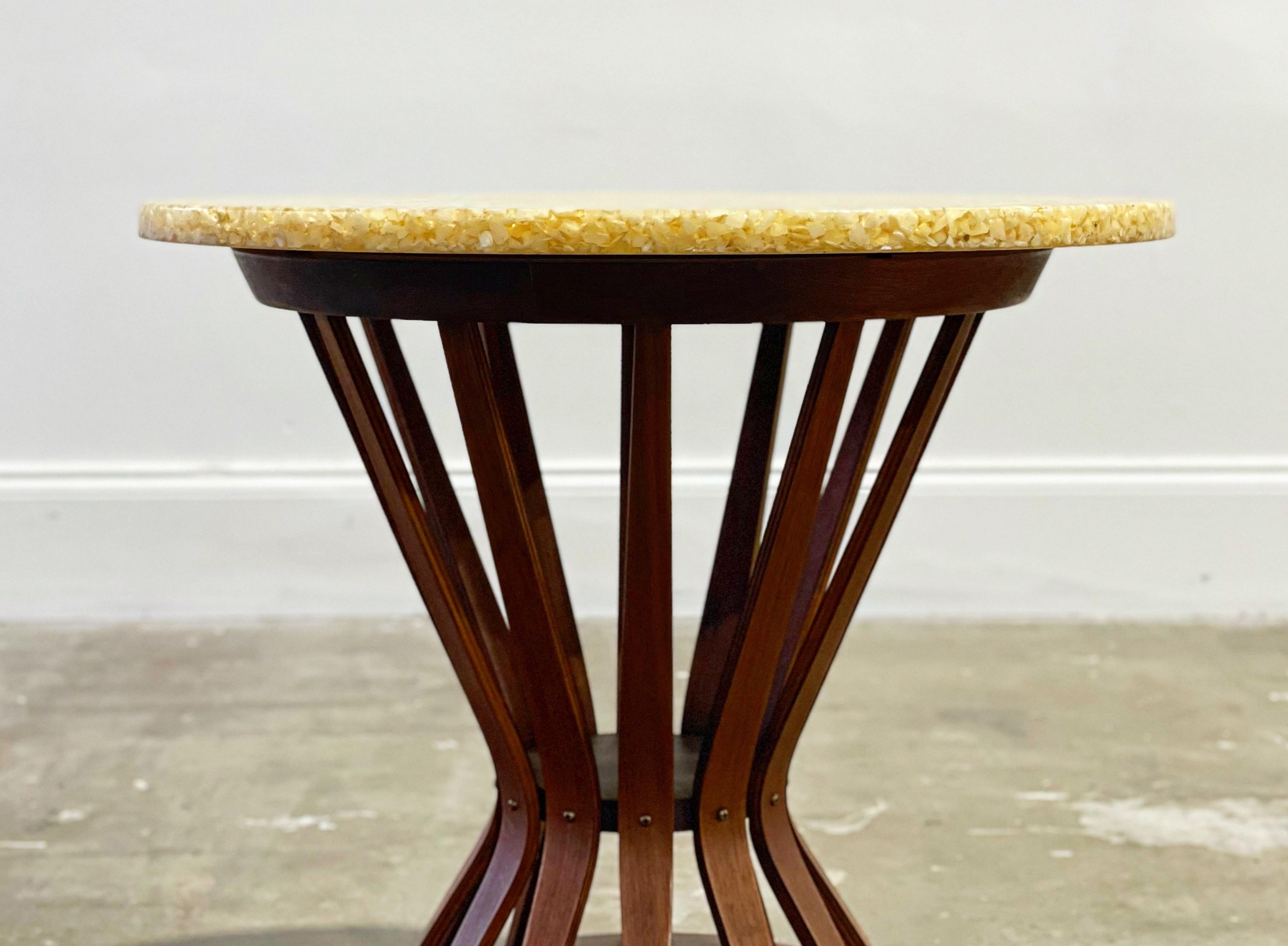 Mid-Century Modern sheaf of wheat side pedestal table designed by Edward Wormley for Dunbar, circa 1960s. Solid walnut base with scarce resin terrazzo top. Wormley's designs exude a subtle grace and this table is no exception. Excellent condition