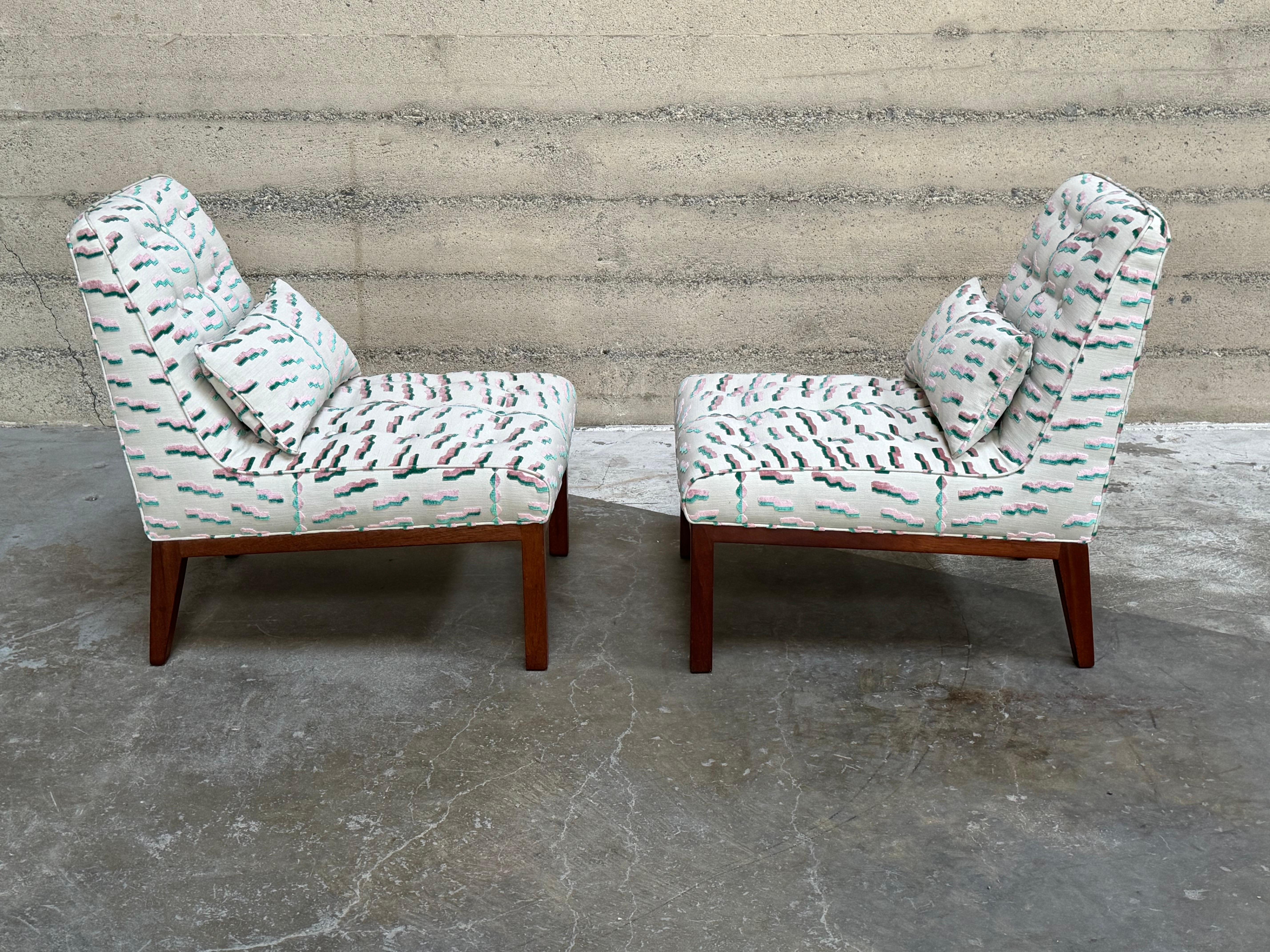 Hand-Crafted Edward Wormley for Dunbar Slipper Chairs, A Pair in Dedar Milano Fabric For Sale