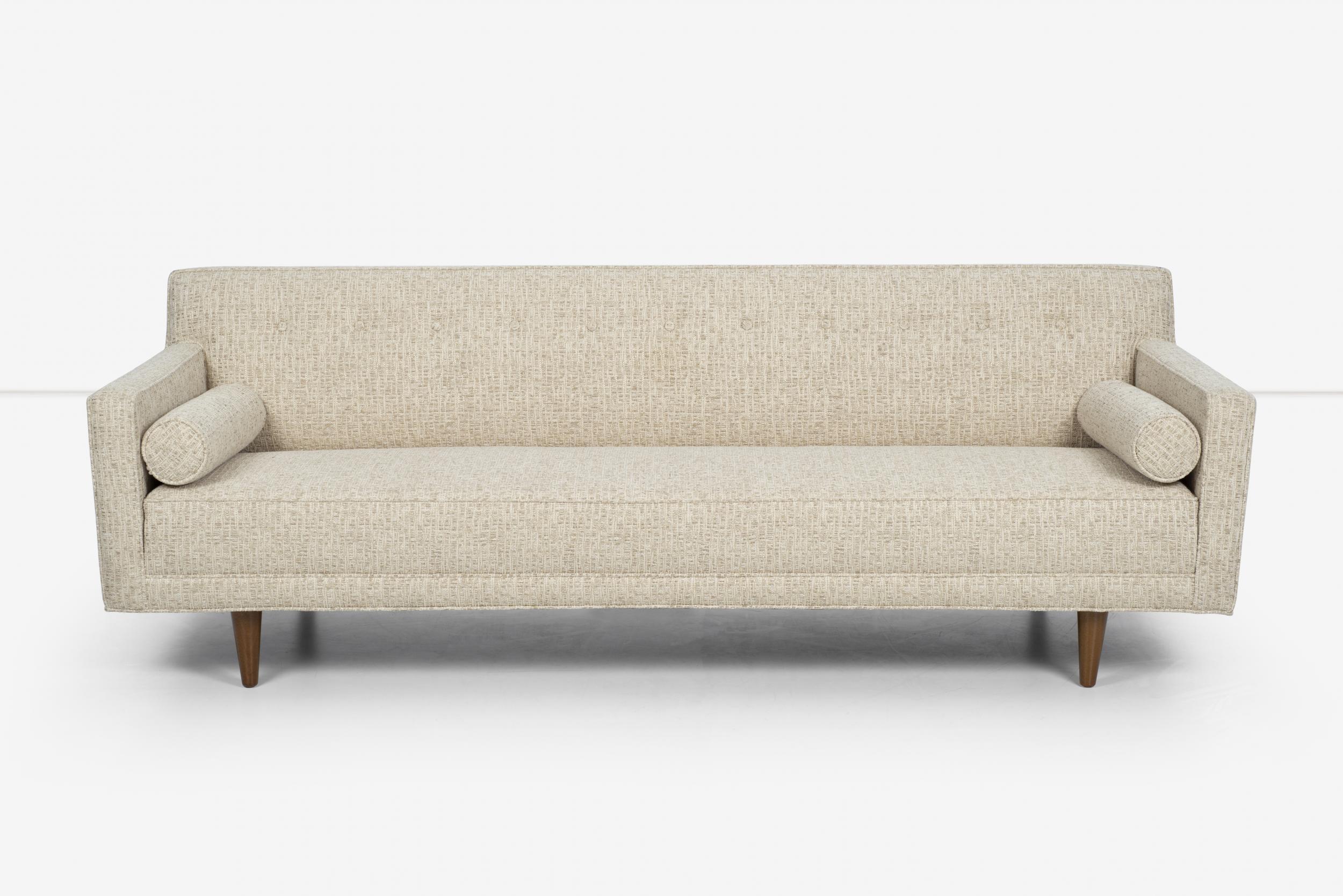 Edward Wormley for Dunbar sofa, model 5407 solid mahogany turned legs, reupholstered with great plains cotton-poly.