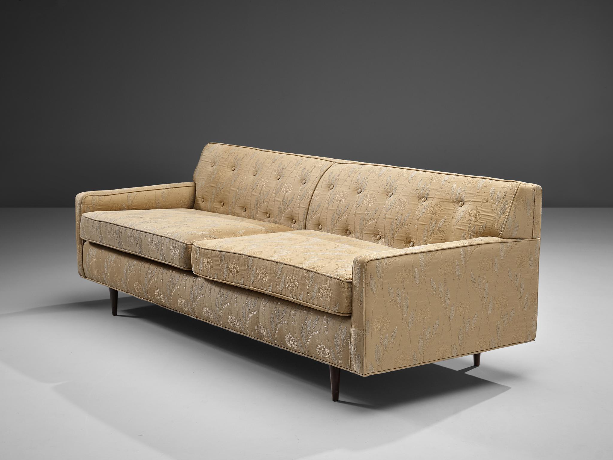 Edward Wormley for Dunbar, sofa, model 5125, fabric, stained wood, United States, 1950s

This cubic shaped sofa is designed by Edward Wormley for Dunbar. The sofa features a cubic-shaped construction with clear lines and simple geometry dominating