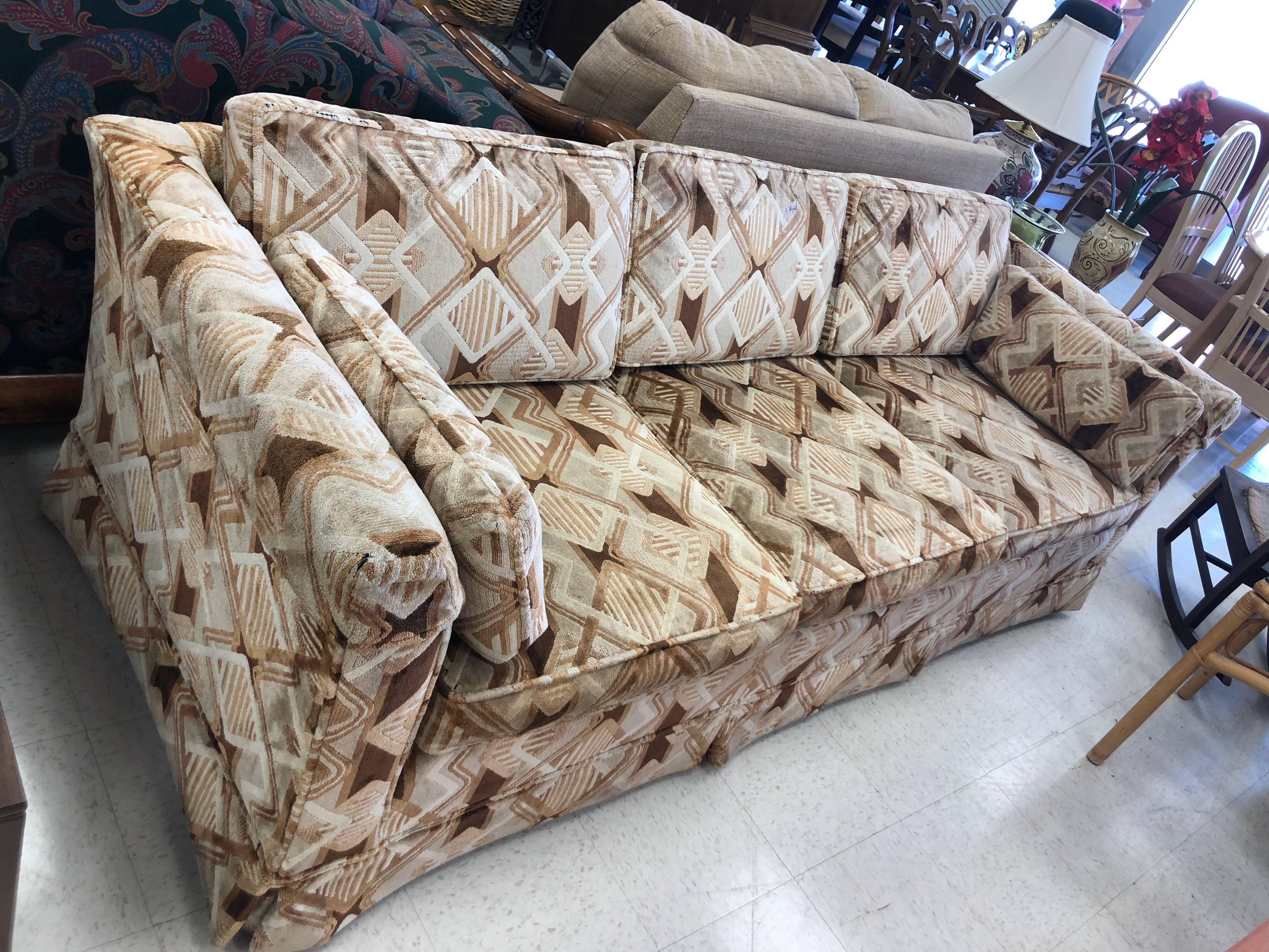 Edward Wormley for Dunbar sofa in Jack Lenore Larson fabric. Classic midcentury lines with a white and brown geometric pattern make up this beauty. Three loose seat cushions with three loos back cushions. Could use a cleaning.