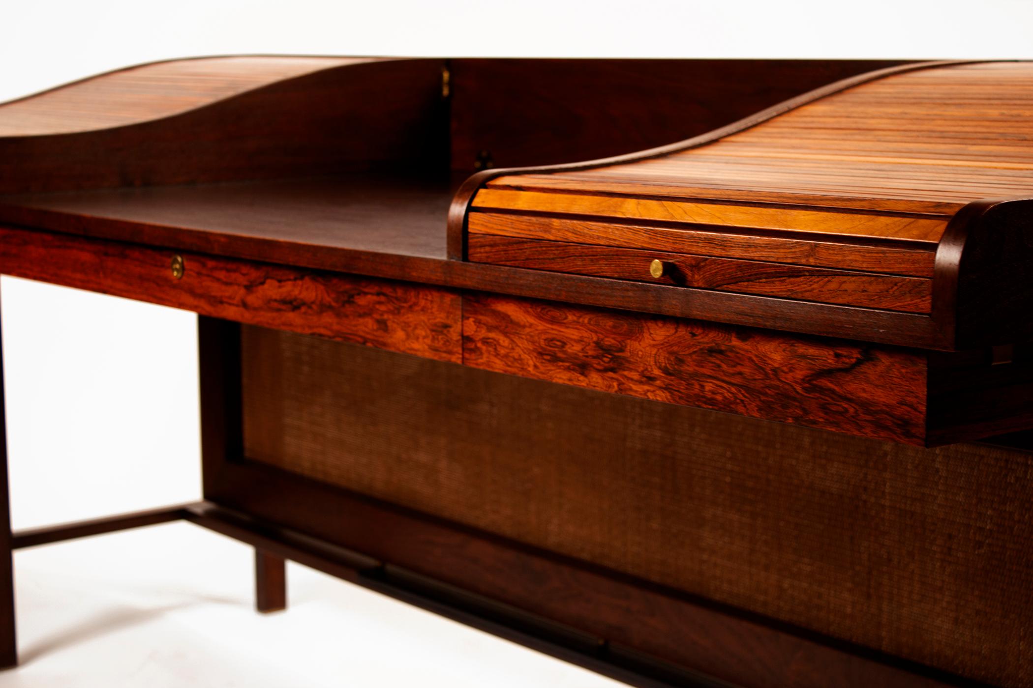 Brass Edward Wormley for Dunbar Solid Brazilian Rosewood Tambour Desk Model 912C