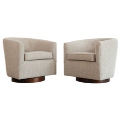 Edward Wormley for Dunbar Swivel Chairs in Mahogany and Taupe Boucle, C. 1950s