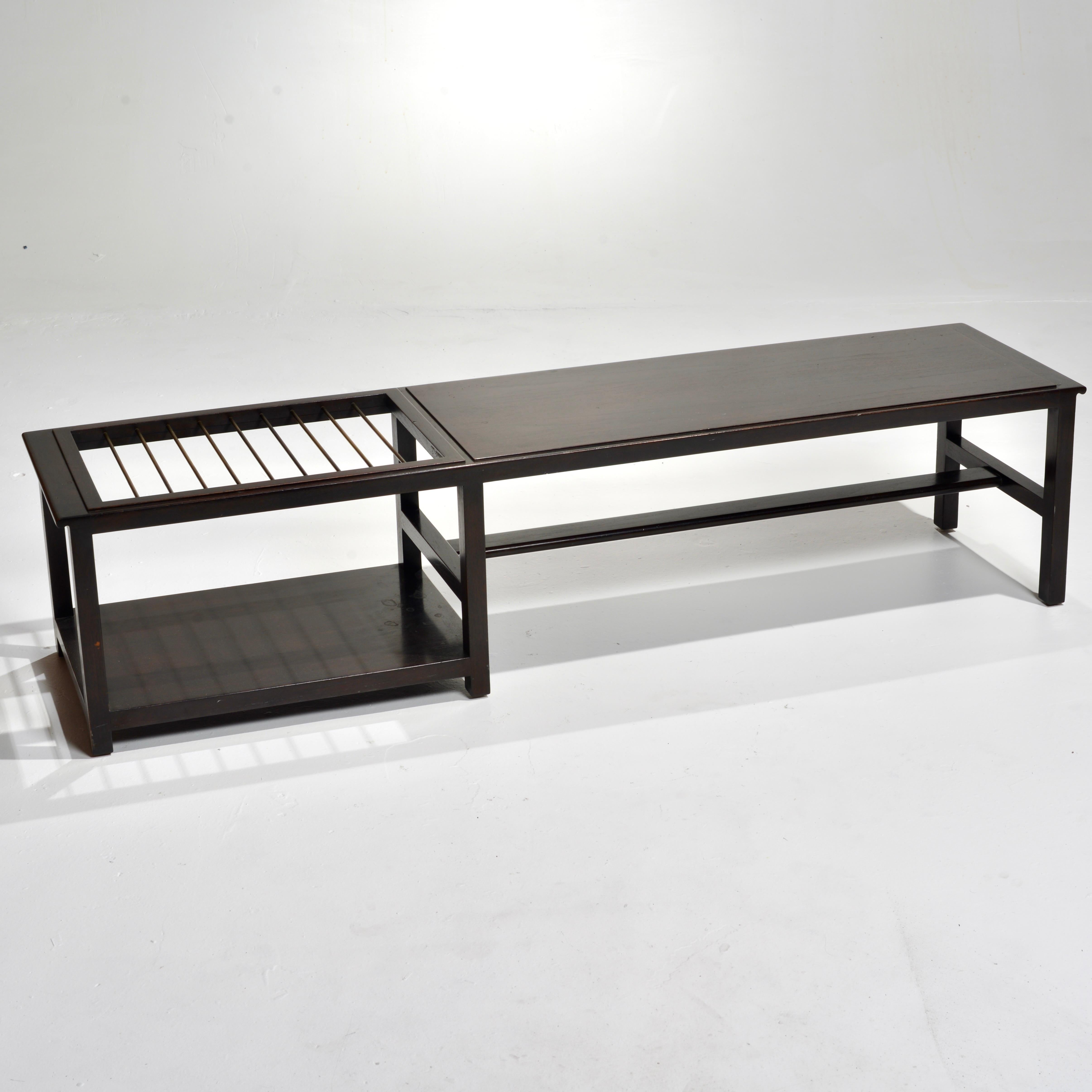 Dunbar coffee table or bench (Model 5933a) with built-in brass rods for suspending magazines. One other option is to recess a glass top over the rods to use as table surface. Signed with paper label and brass rectangular label.