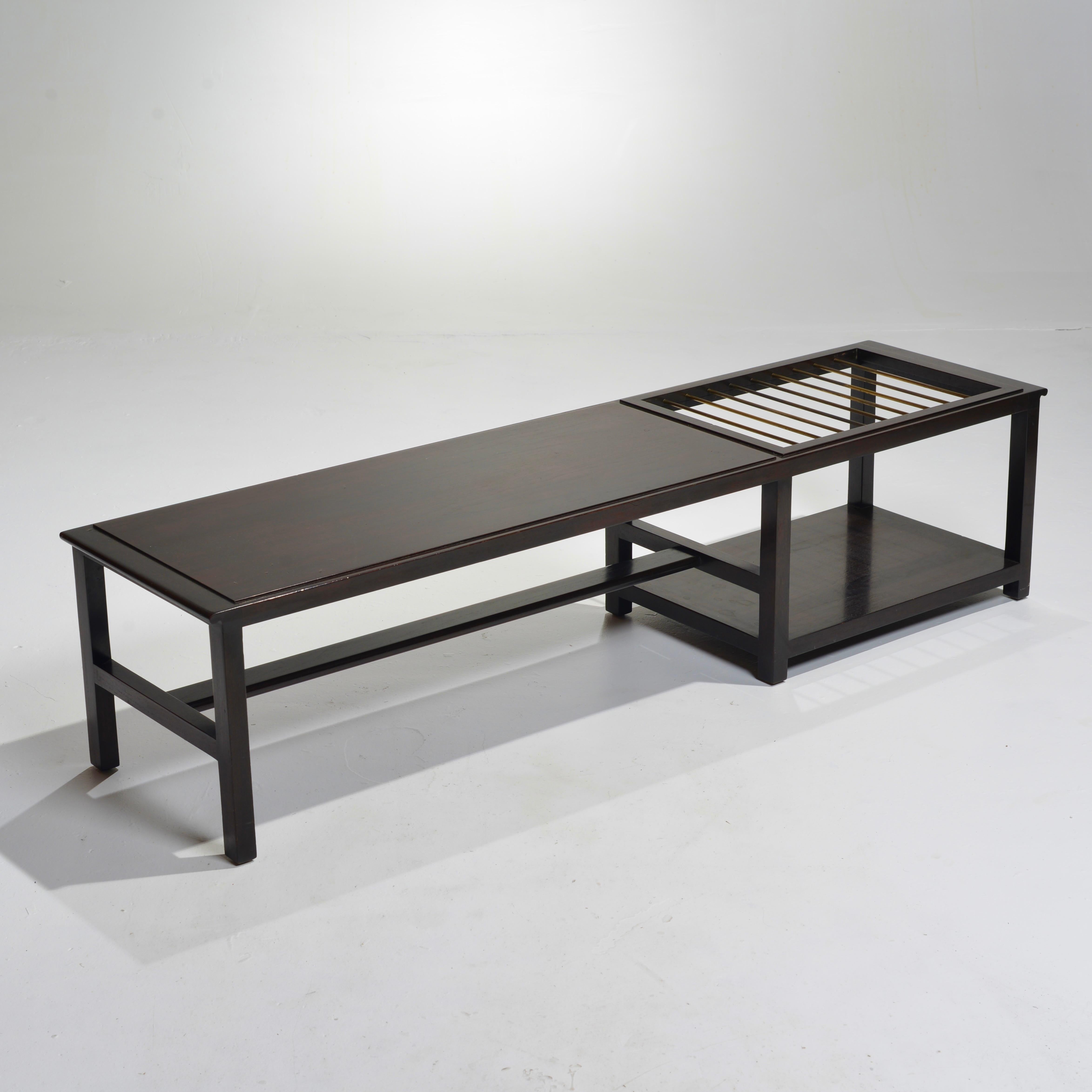 Walnut Edward Wormley for Dunbar Table Bench with Brass Magazine Display For Sale