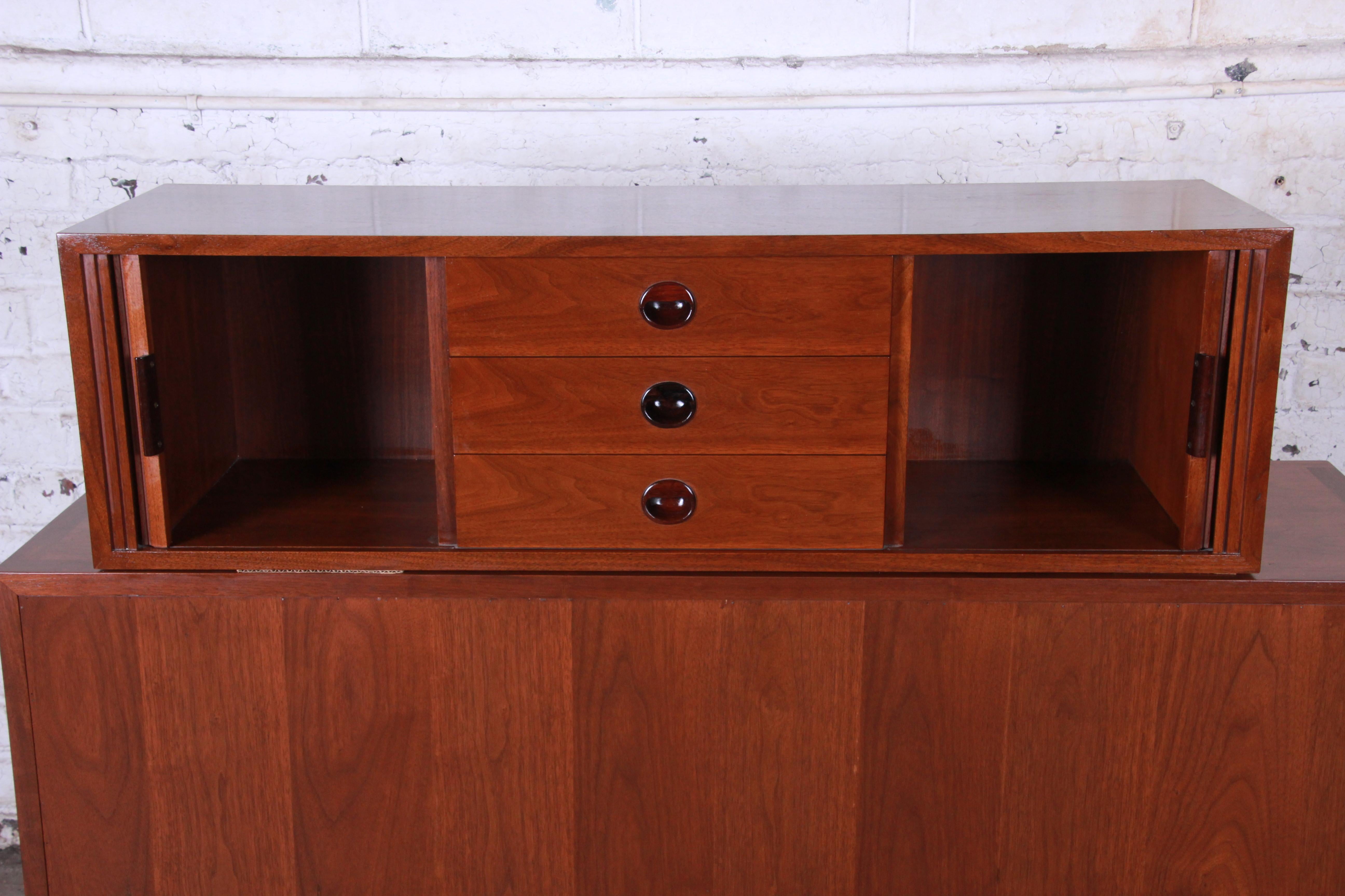 Mid-Century Modern Edward Wormley for Dunbar Tambour Door Walnut Floating Wall-Hanging Credenza