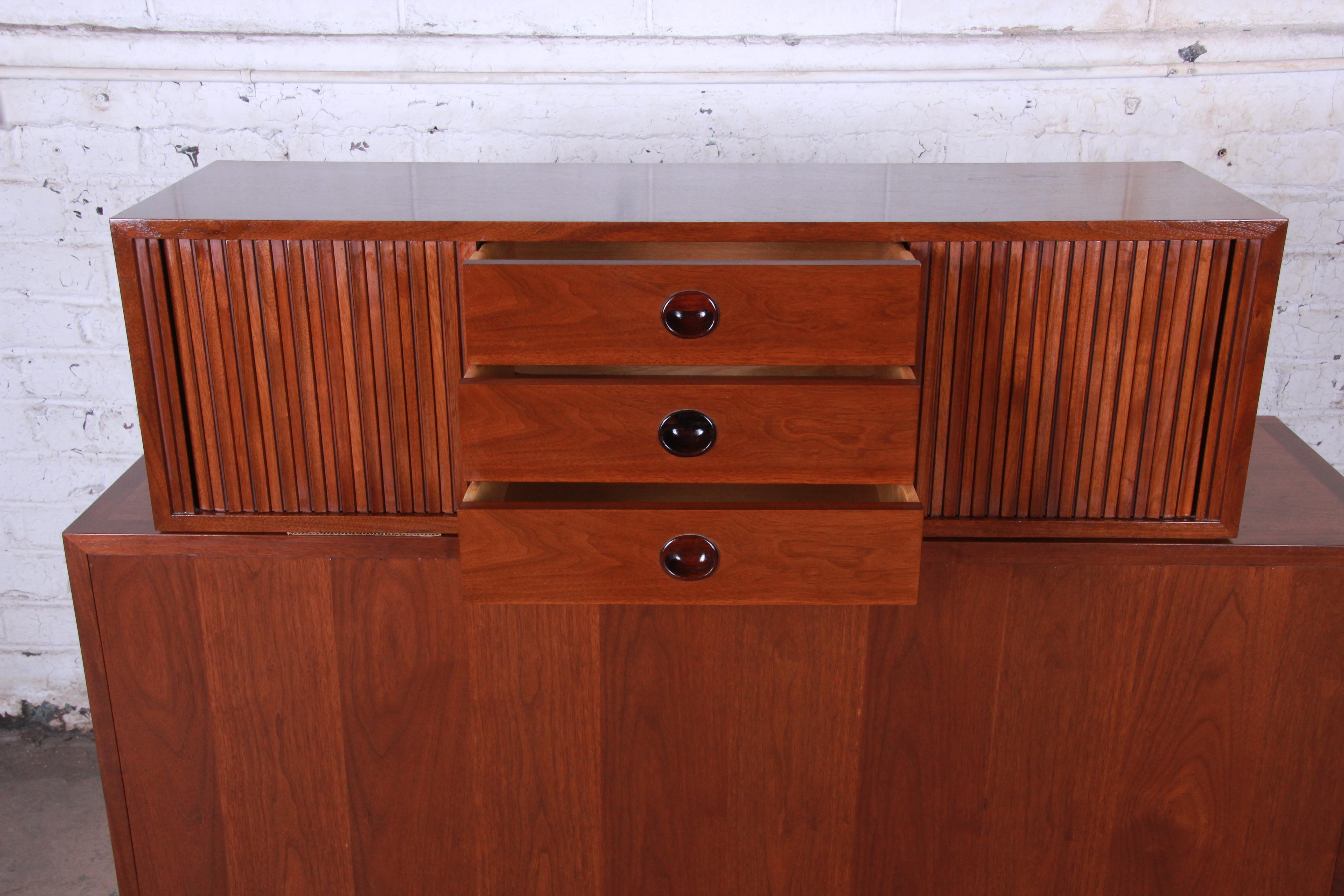 American Edward Wormley for Dunbar Tambour Door Walnut Floating Wall-Hanging Credenza