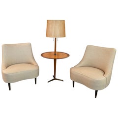 Edward Wormley For Dunbar Teardrop Slipper Chairs With Snack Table Floor Lamp