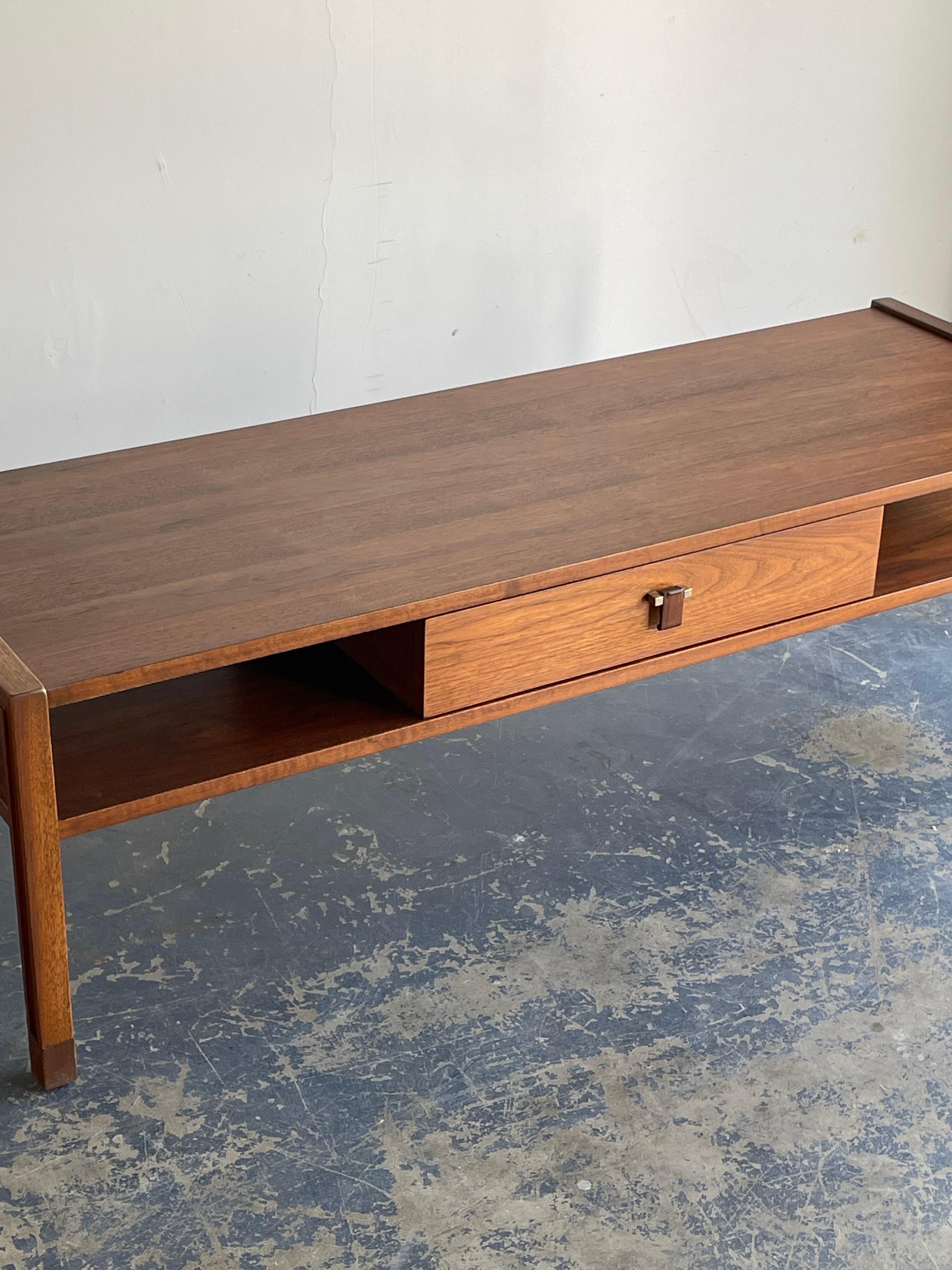 Mid-Century Modern Edward Wormley for Dunbar Tiered Coffee Table, Walnut with Rosewood Drawer Pull For Sale