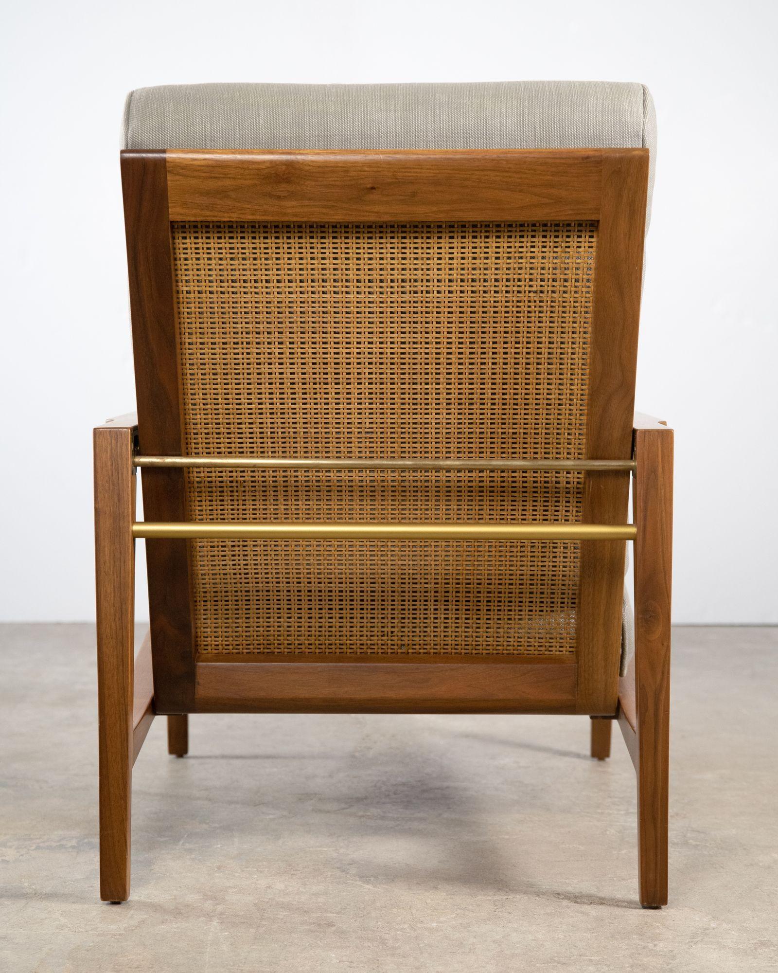 Edward Wormley for Dunbar Tilt-Back Sheridan Lounge Chair in Walnut Cane & Brass In Good Condition For Sale In Dallas, TX