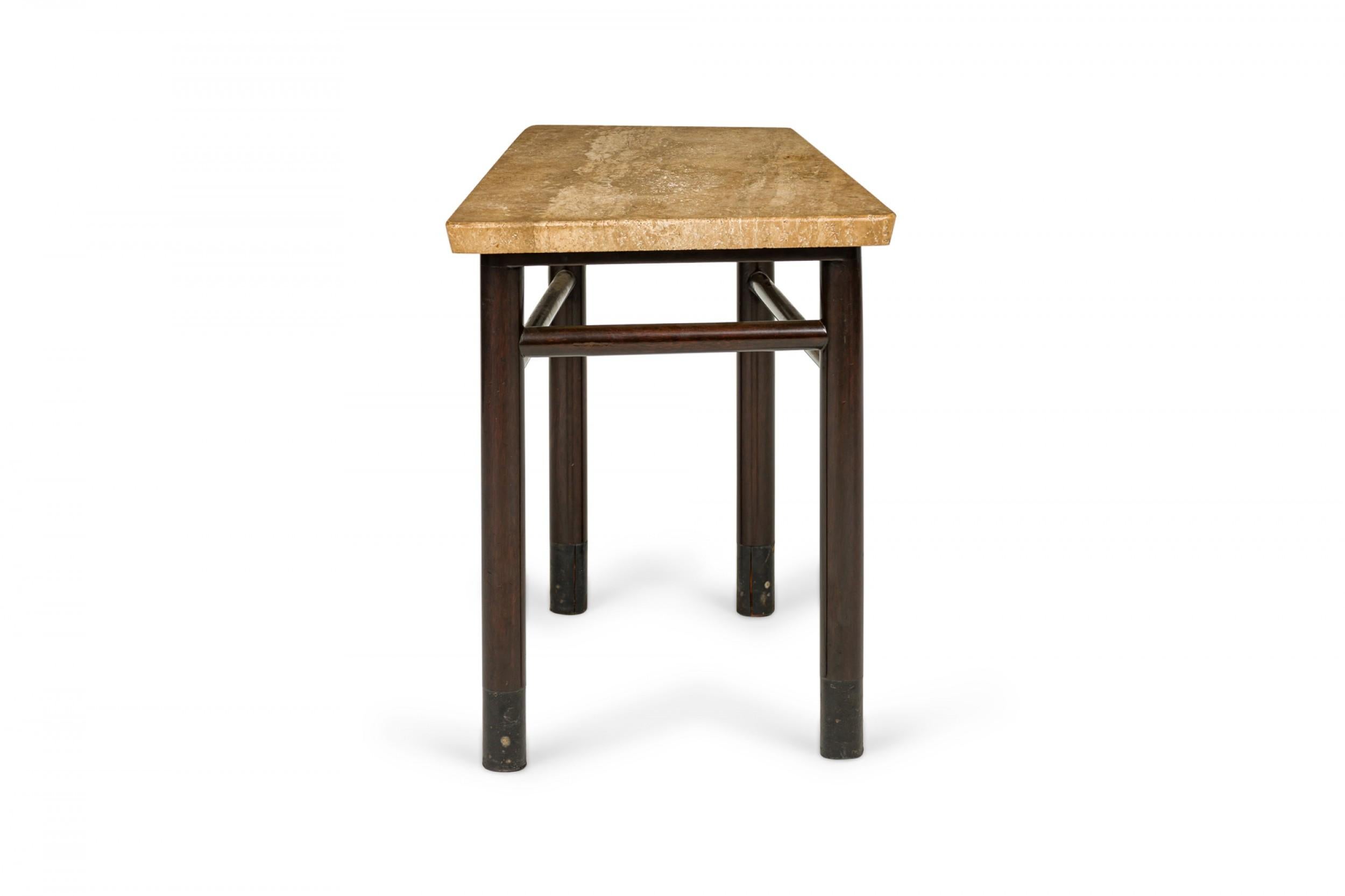 Mid-Century Modern Edward Wormley for Dunbar Travertine and Dark Wood Wedge End / Side Table For Sale