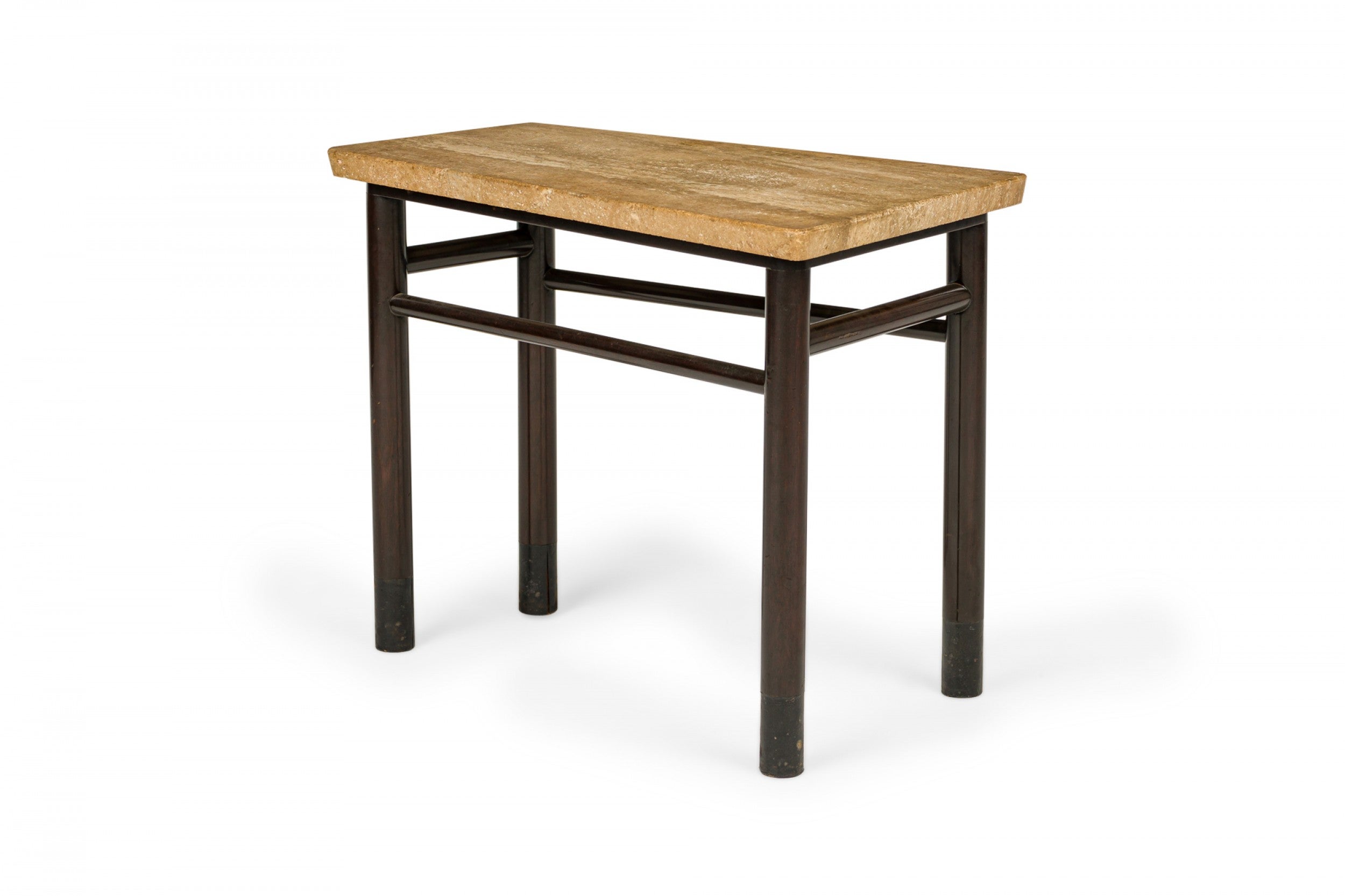 Edward Wormley for Dunbar Travertine and Dark Wood Wedge End / Side Table For Sale