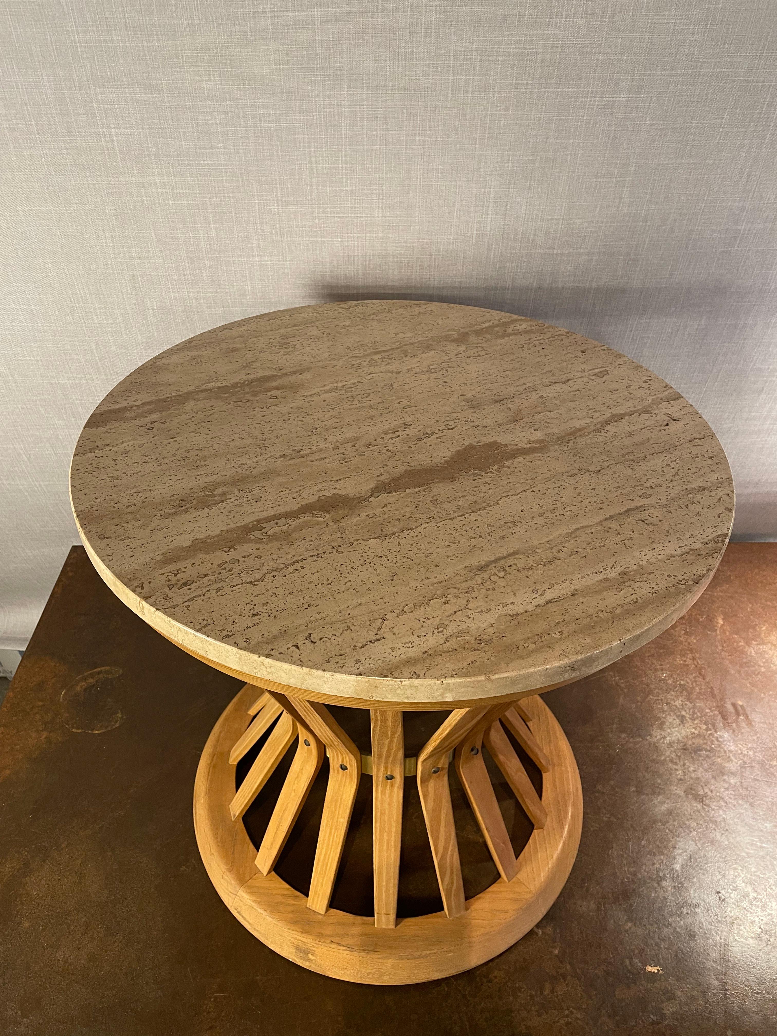 Mid-Century Modern Edward Wormley for Dunbar Travertine & Sculpted Walnut Sheaf of Wheat Table For Sale