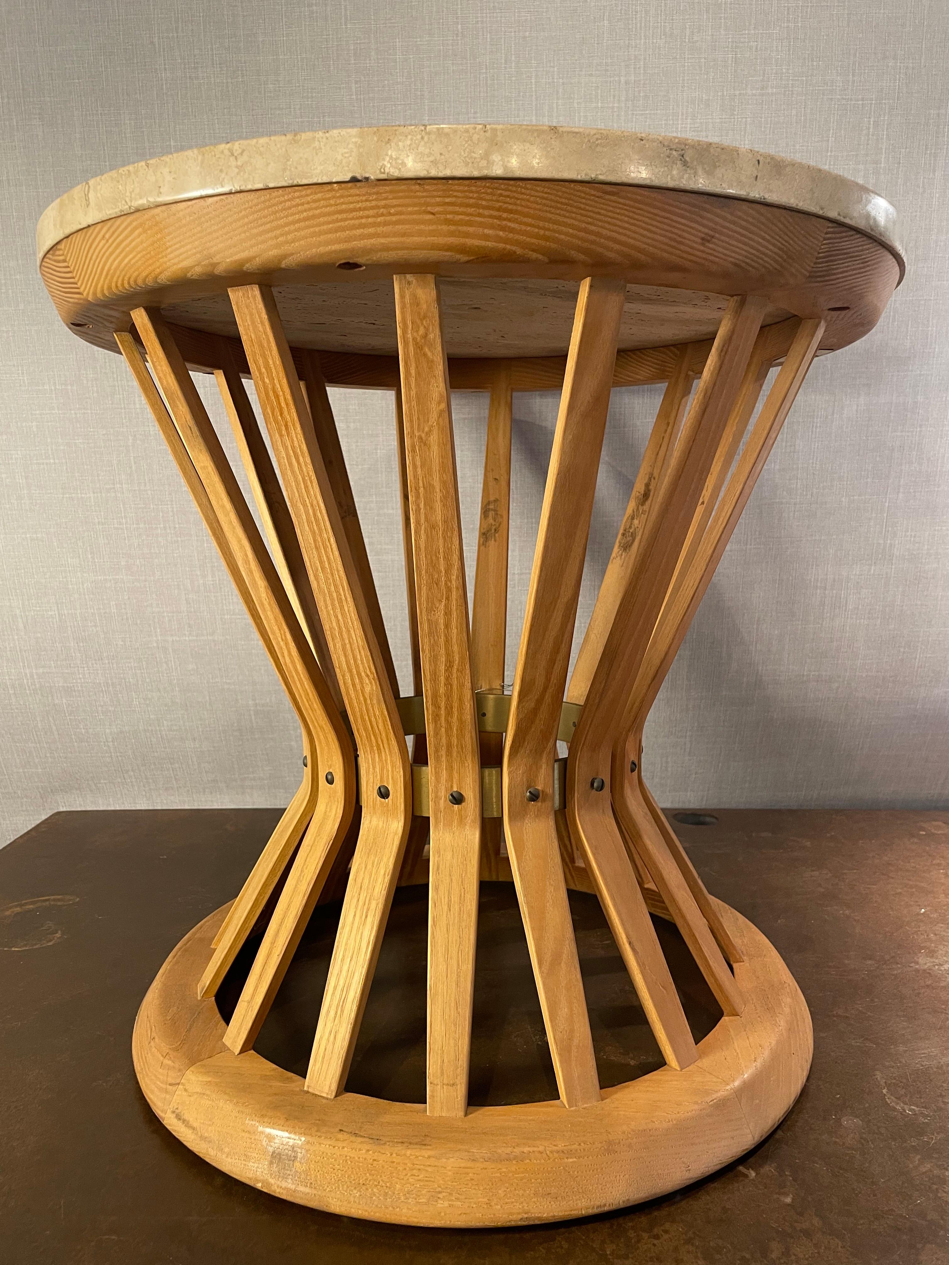 American Edward Wormley for Dunbar Travertine & Sculpted Walnut Sheaf of Wheat Table For Sale